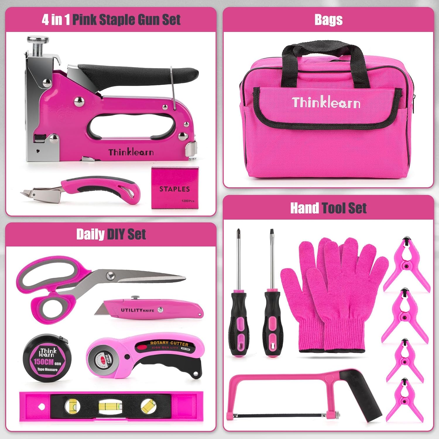 Juego de 37 herramientas de grapas, 4 en 1, pistola de grapas de tapicería rosa con 800 grapas, pistola de grapas resistente para madera,