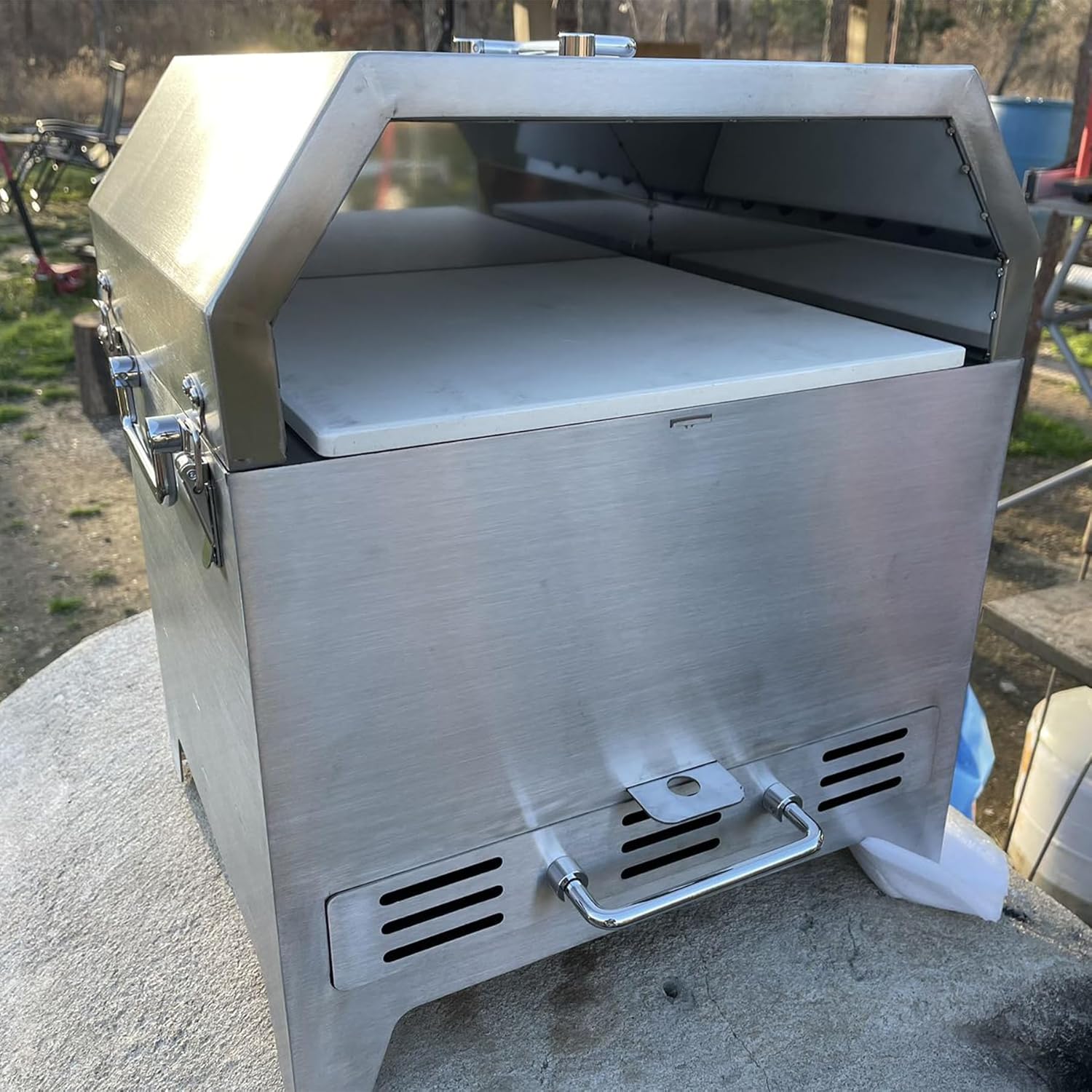 SafBbcue Horno de pizza 4 en 1 para exteriores, 2 capas desmontables exteriores de acero inoxidable más grueso, hornos de madera con piedra para
