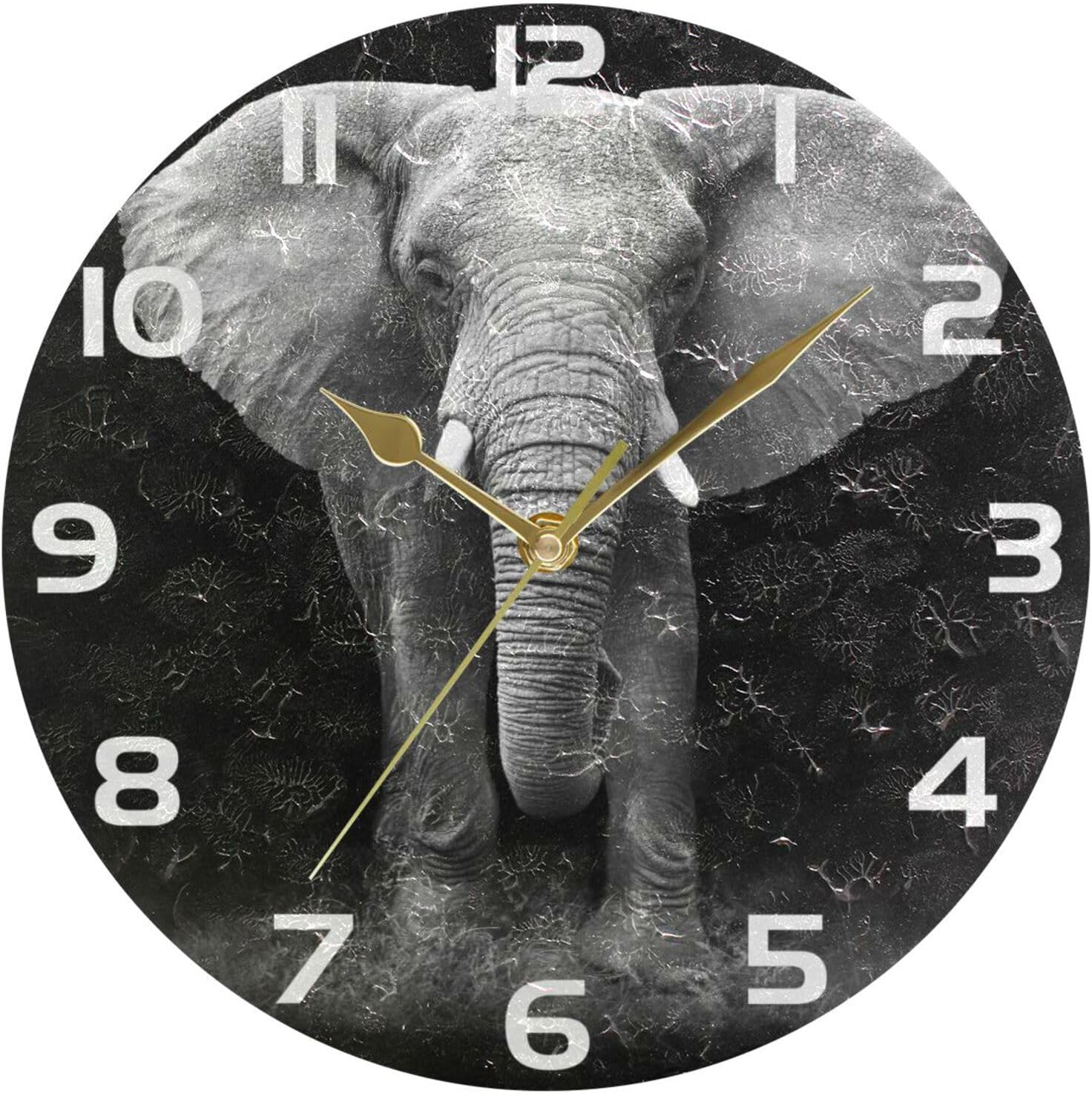 ALAZA Reloj de pared con retrato de elefante blanco, sin tictac, decorativo, para dormitorio, cocina, sala de estar, escuela, oficina, dorado