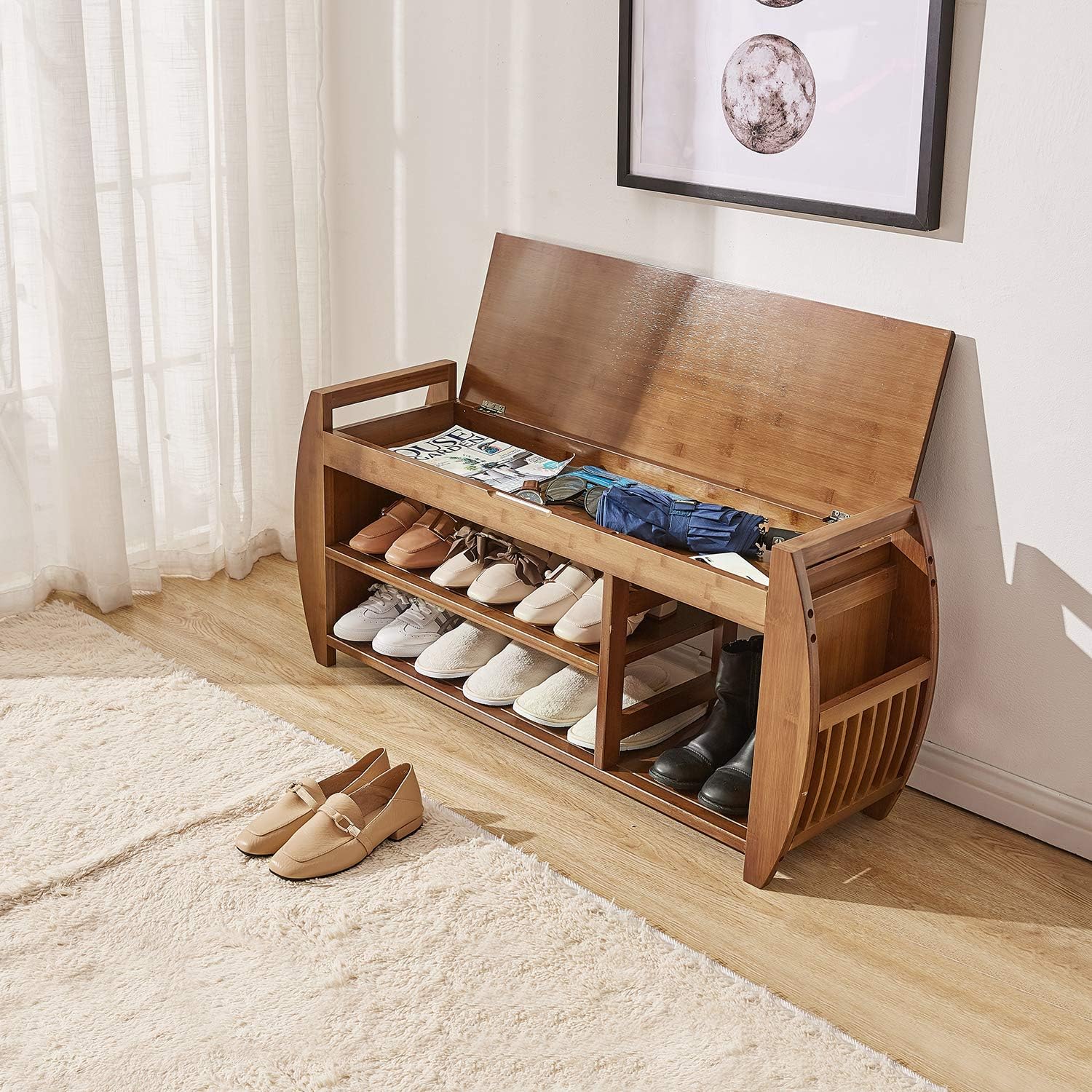 Zapatero y banco de zapatos de bambú, organizador de almacenamiento de entrada, multifunción para pasillo, baño, sala de estar, pasillo y jardín,