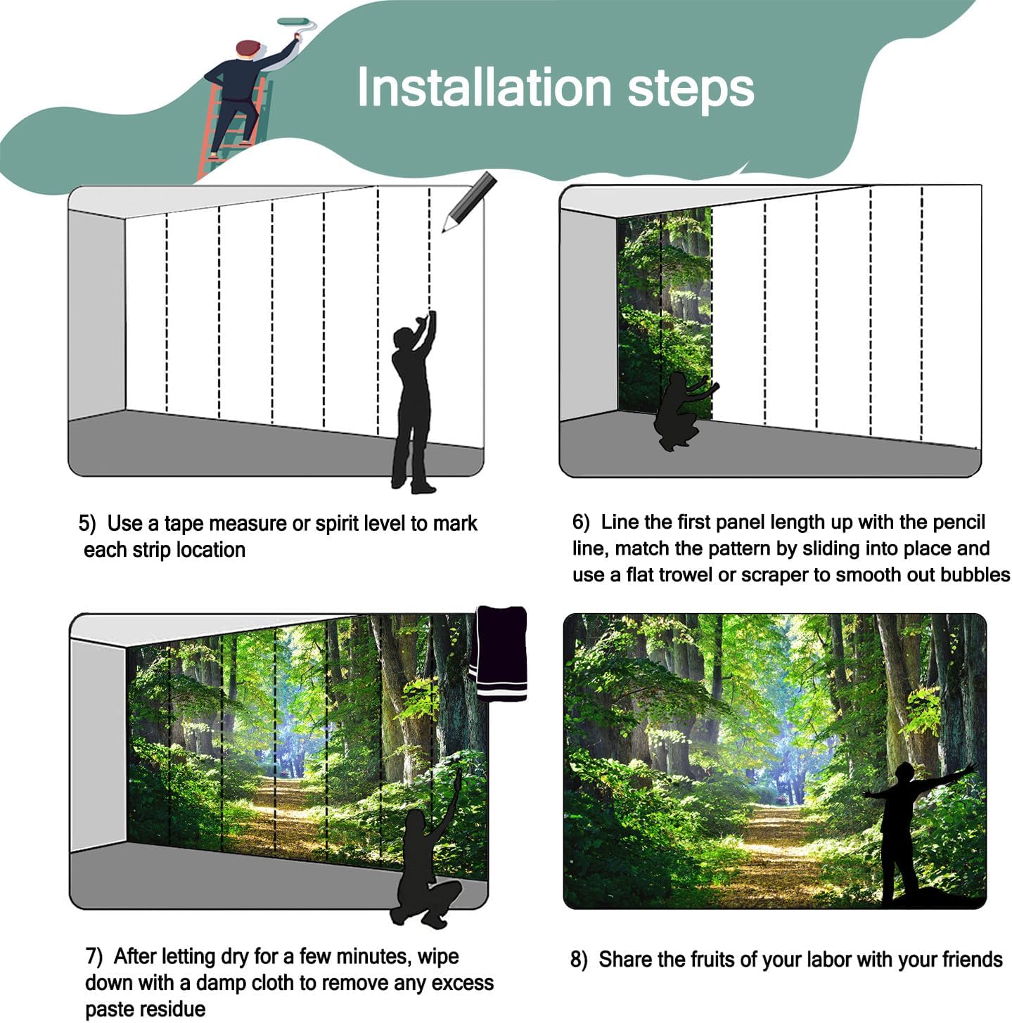 YQWDMX – Papel pintado de bosque verde del sol para dormitorio (no despegar y pegar)