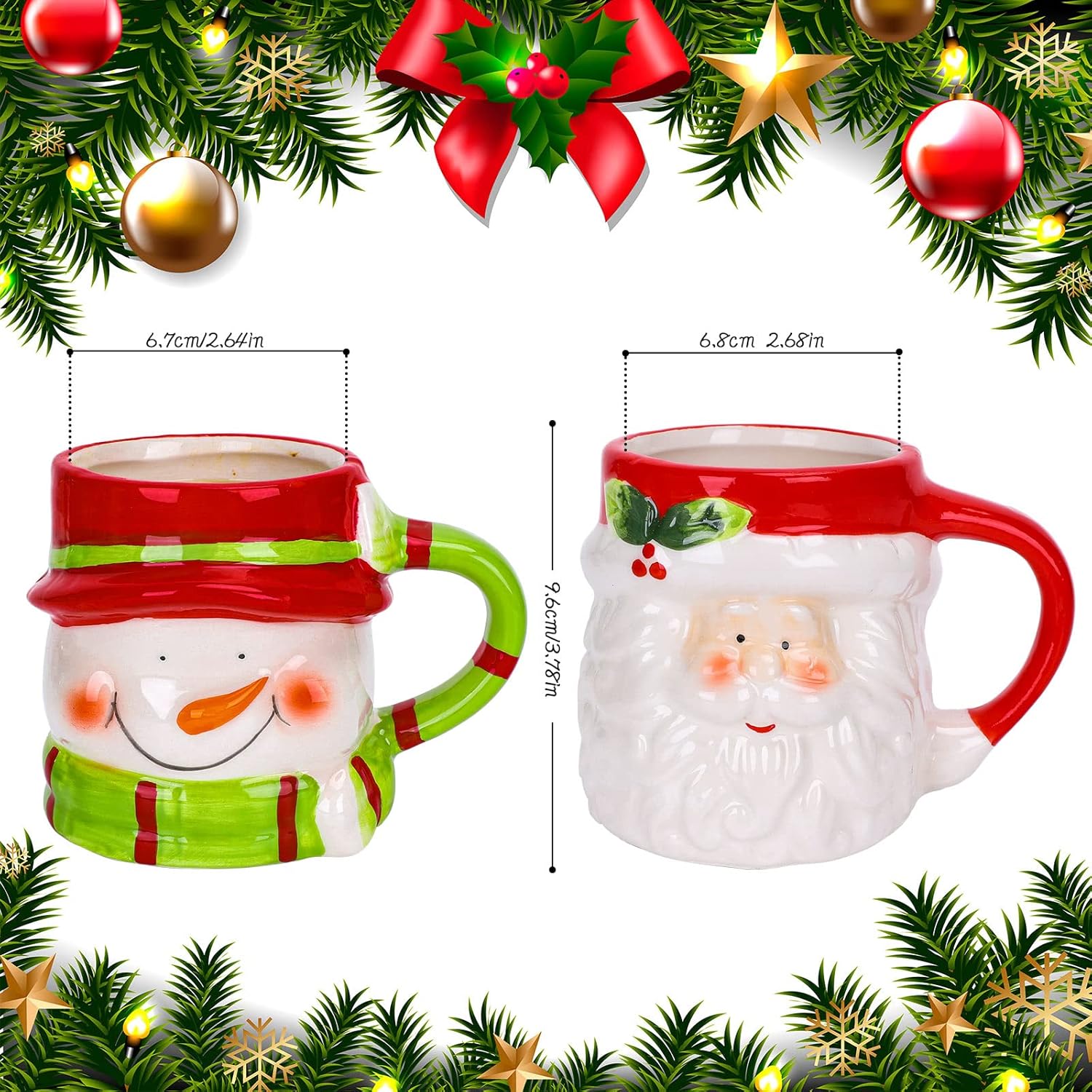 Whaline 2 tazas de Navidad, lindas tazas de Papá Noel, muñeco de nieve, tazas de café de vacaciones de invierno, regalo divertido para familiares,