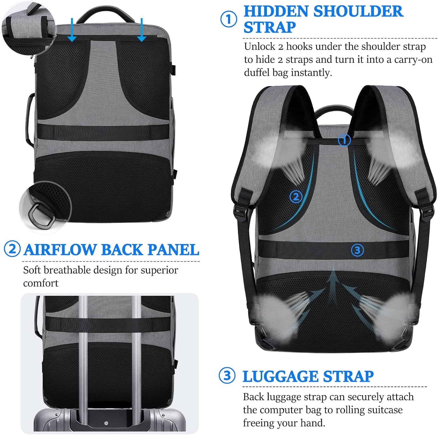 IGOLUMON Mochila de viaje para hombres y mujeres, 40L, aprobada para vuelo, mochila de transporte impermeable de 17 pulgadas para laptop, Gris