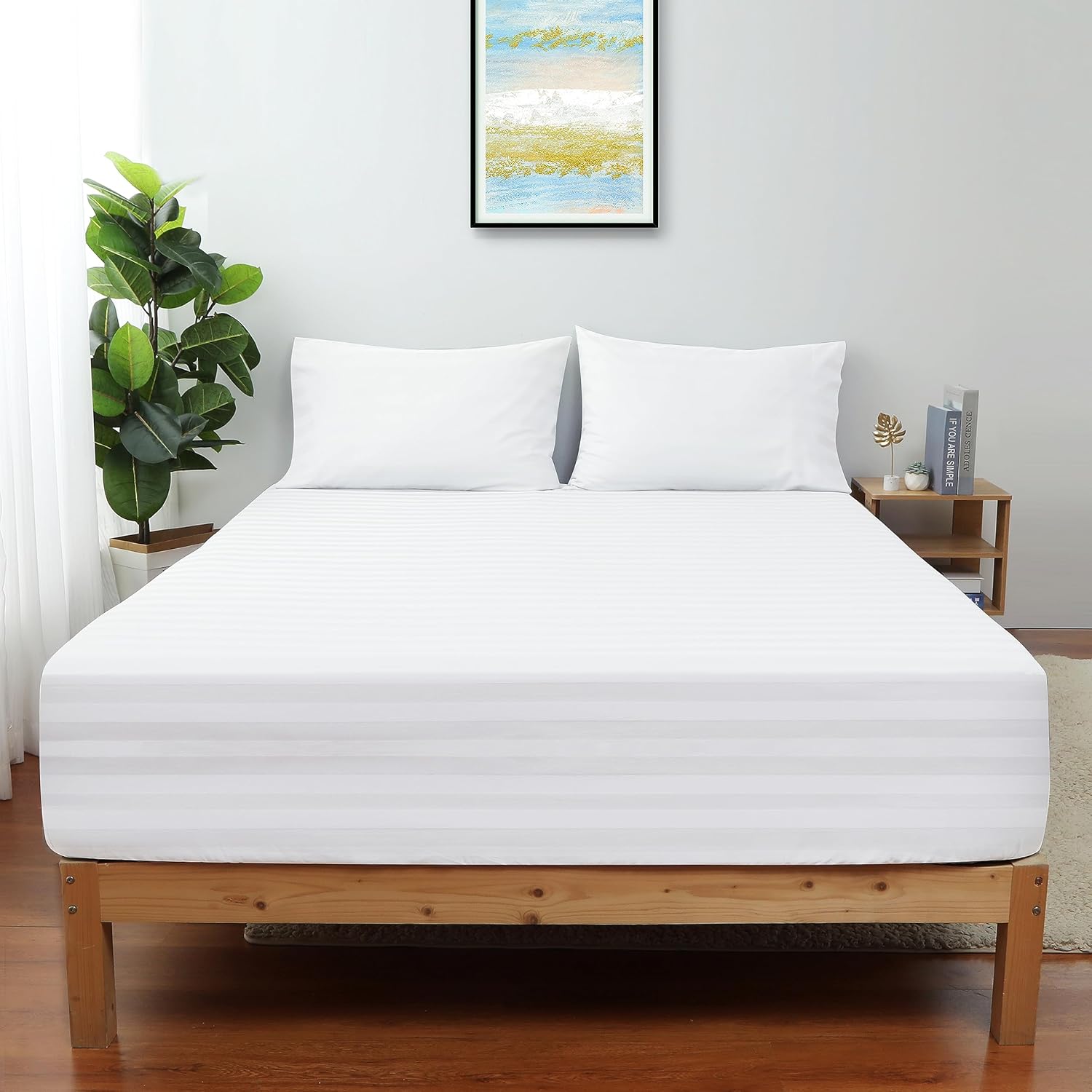 Sábana bajera ajustable a rayas tamaño Queen solo color blanco, 100% algodón egipcio de 600 hilos, bolsillo profundo de 16 pulgadas de grosor de