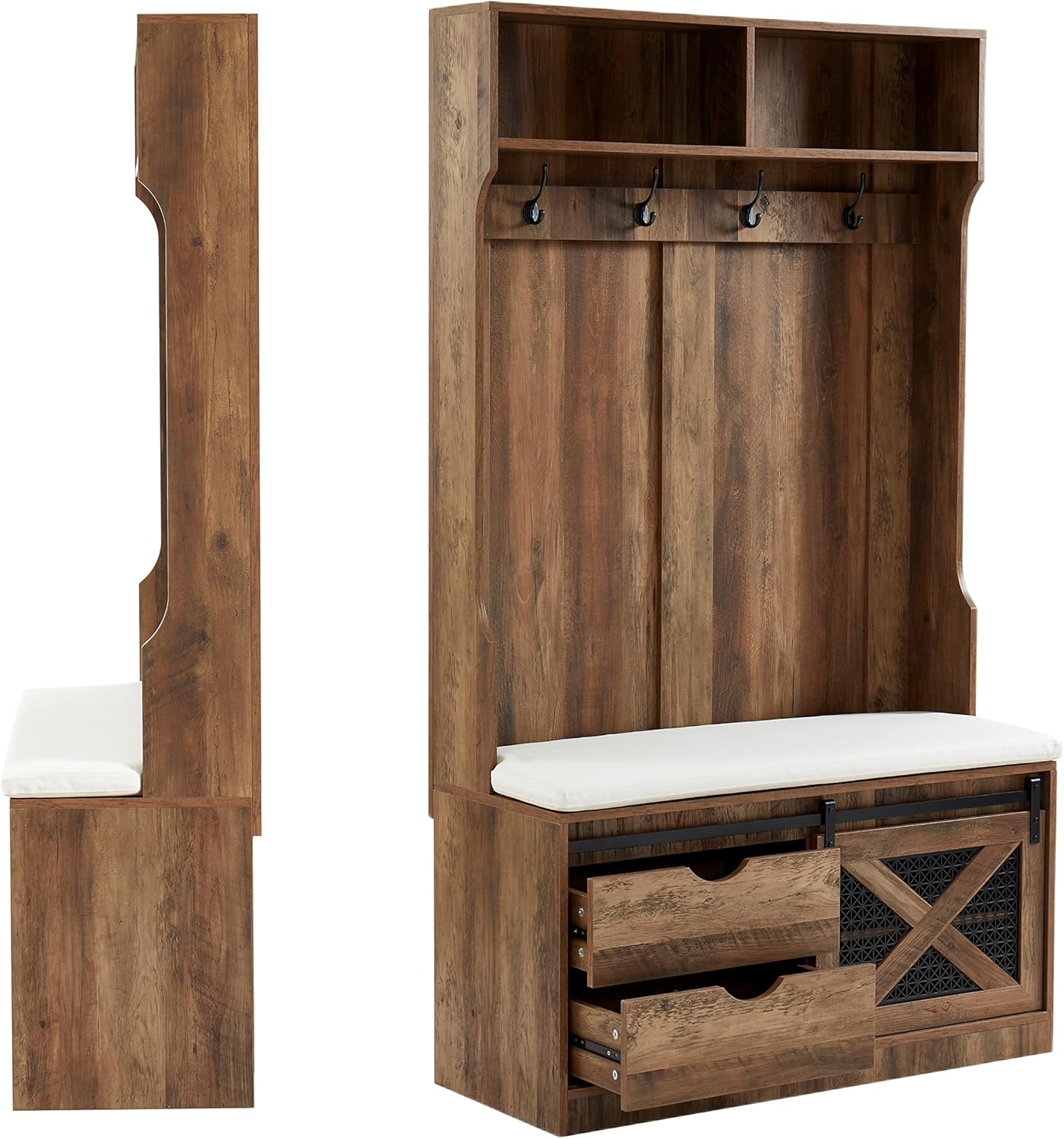 Edwin’s Choice Árbol de entrada de 71 pulgadas de alto con perchero y banco de almacenamiento, árbol de madera con taburete acolchado y ganchos para