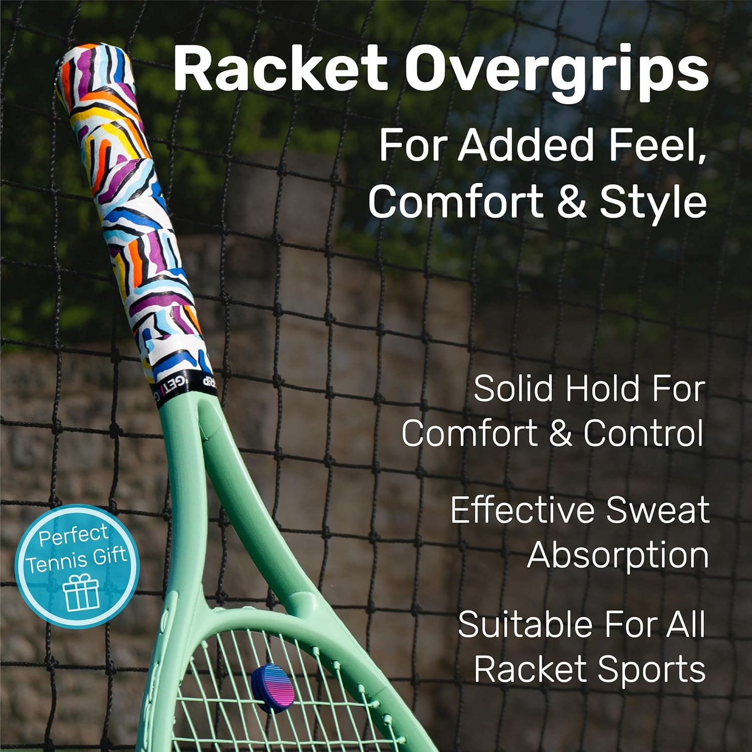 Get A Grip – Cinta de agarre de raqueta de tenis personalizada – Overgrips de tenis antideslizantesde secado rápido – Agarre de raqueta de bádminton