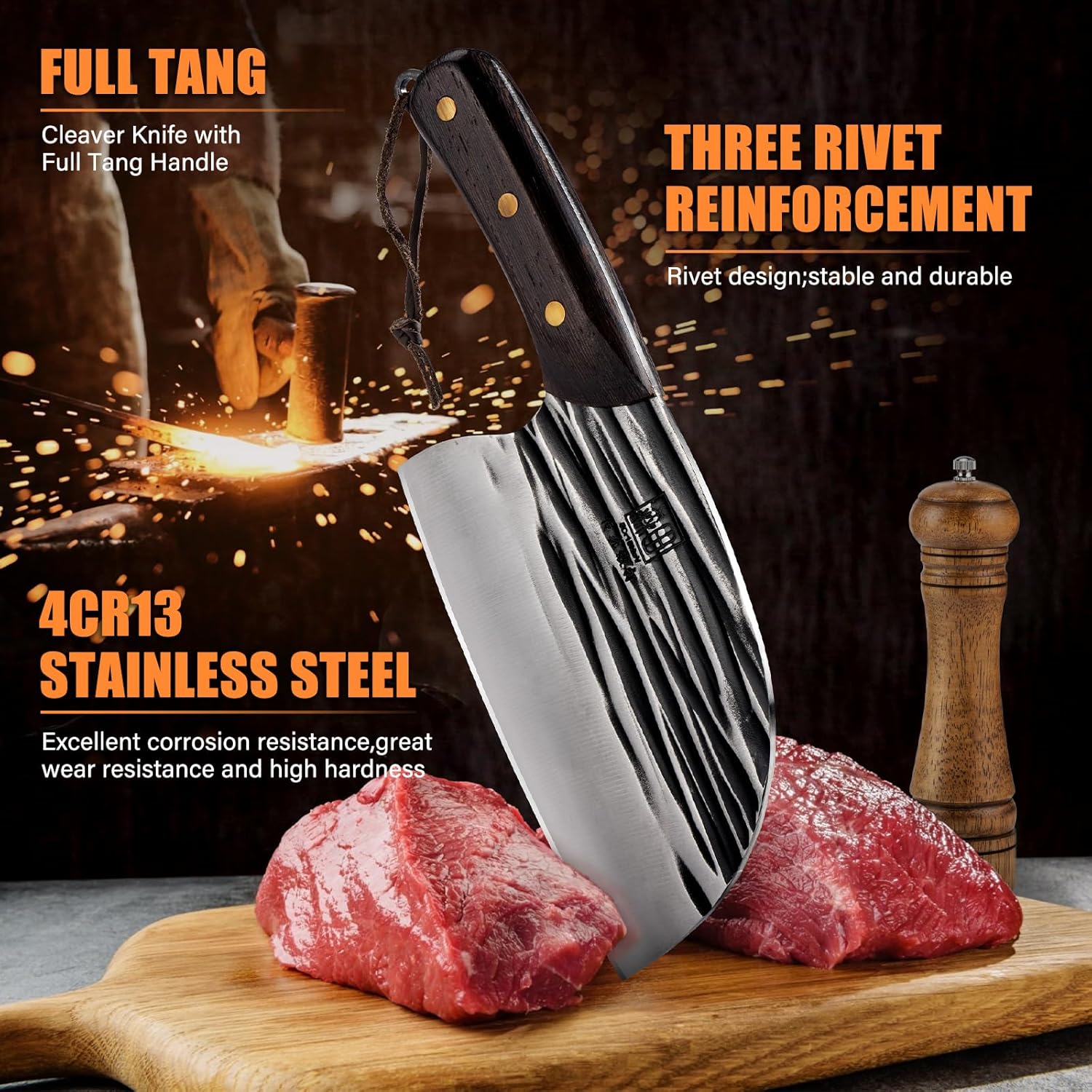 CHUYIREN Cuchillo de carnicero de acero inoxidable de alto carbono resistente, cuchillo de chef serbio de 6.7 pulgadas para cortar carne, barbacoa,