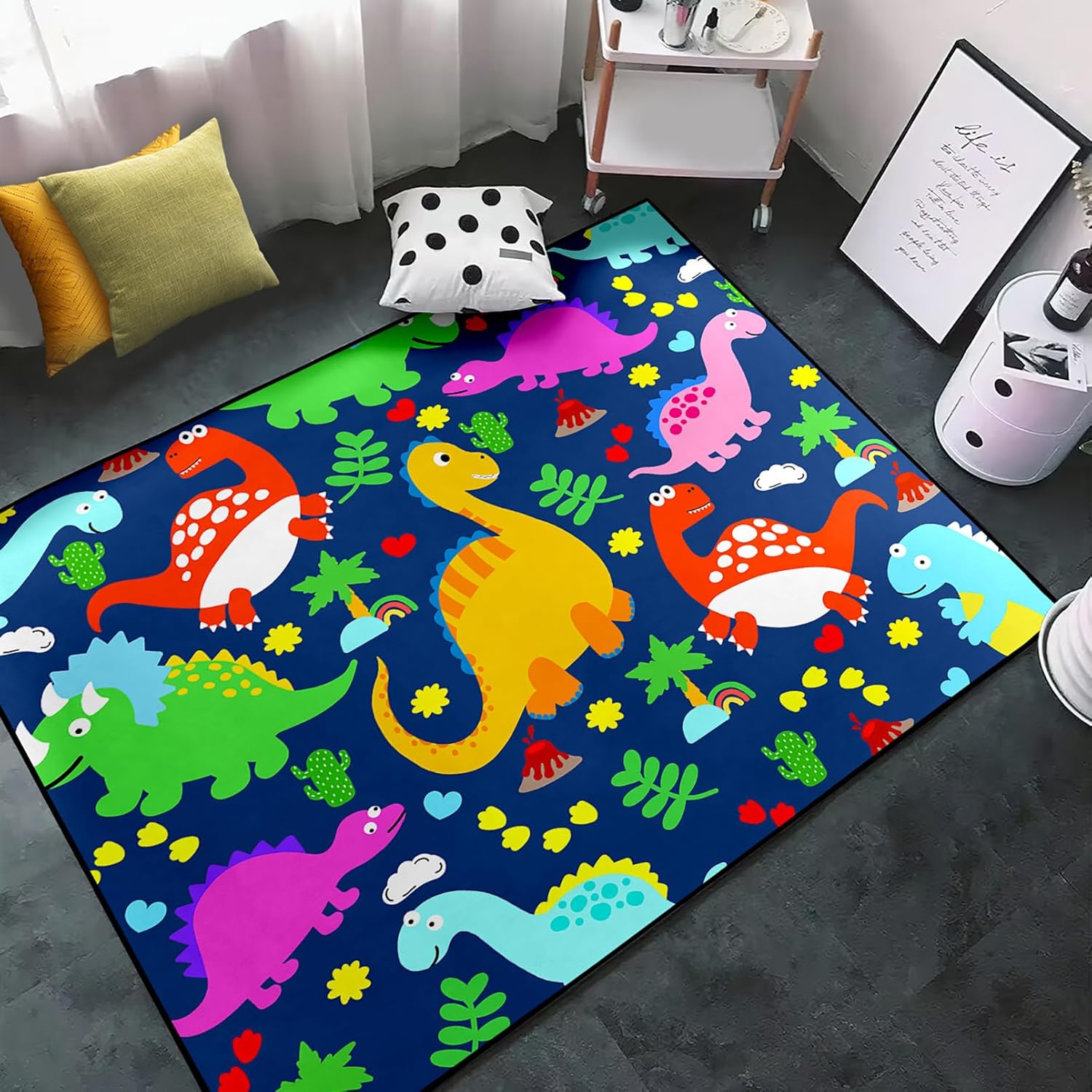 Alfombra de dinosaurio, alfombras de dinosaurios de dibujos animados para dormitorio de niños, lindas alfombras de área de dinosaurios para niños,
