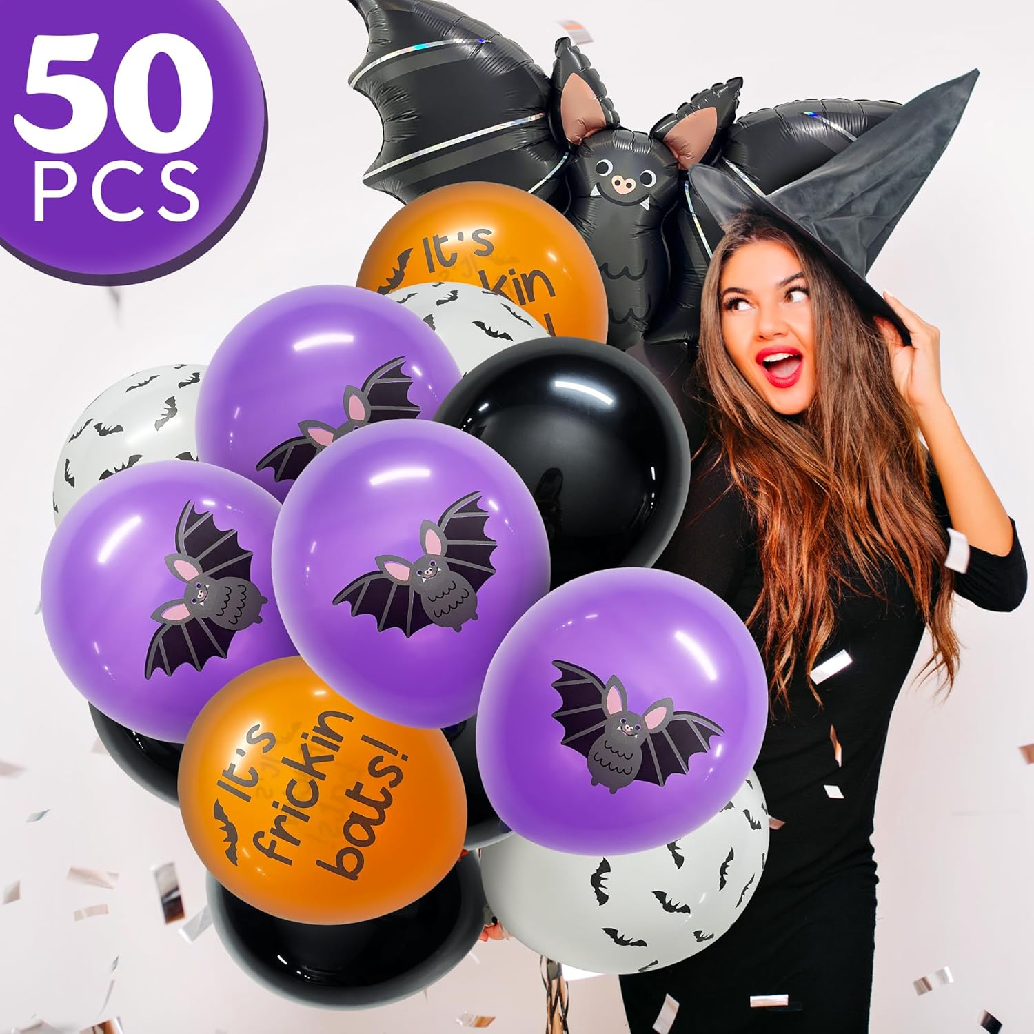 HOUSE OF PARTY Globo de aluminio de murciélago de 40 pulgadas de Halloween con 50 globos de látex de murciélago negro, naranja, morado, blanco para