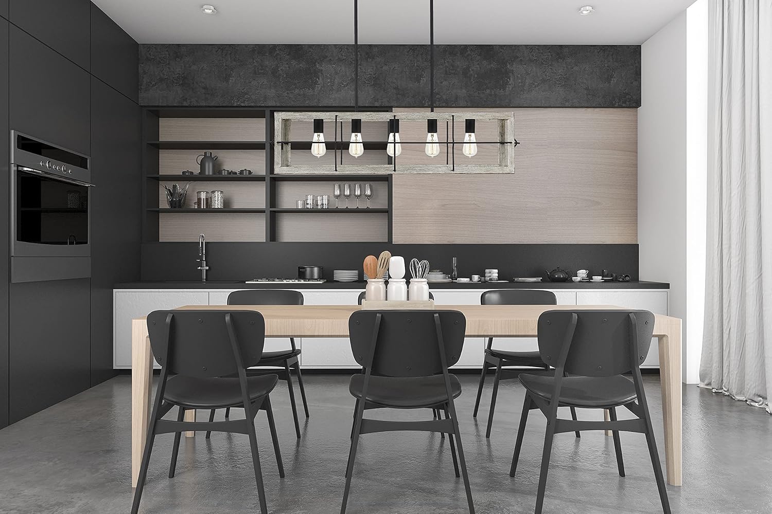 Amos Modern Farmhouse – Lámpara de isla de 5 luces con pantalla de madera clara pintada a mano para comedor, cocina en costa, granja, industrial,