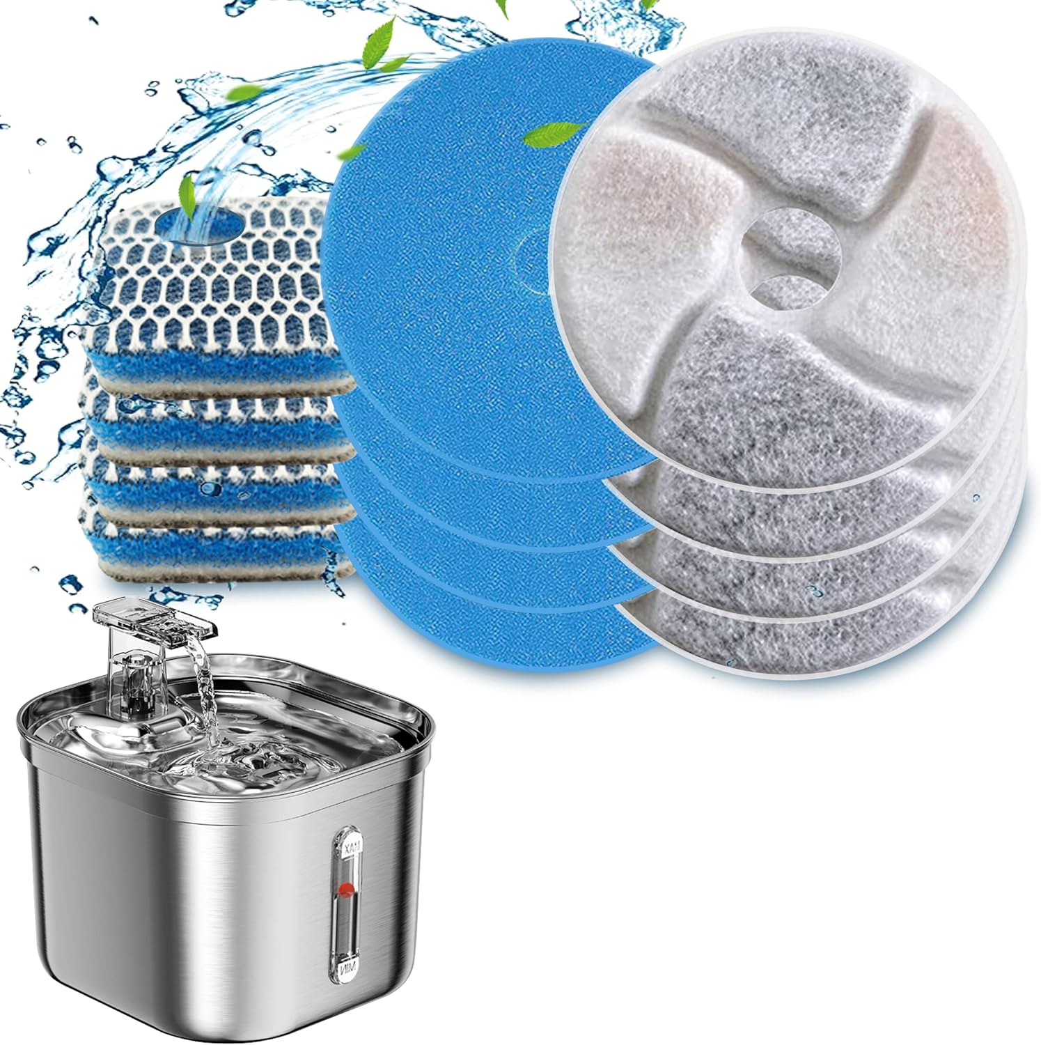 Filtros cuadrados de acero inoxidable para fuente de agua para gatos, paquete de 6 filtros de repuesto para fuente de gato, 3 sistemas de filtración