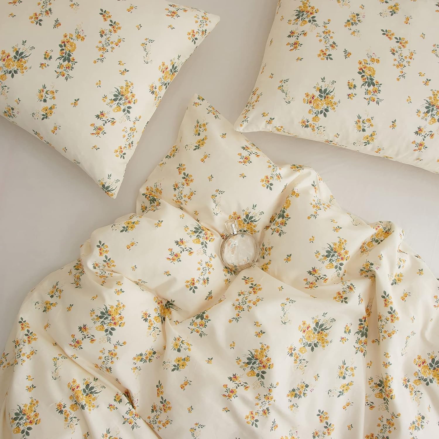 VClife Juego de funda de edredón color crema tamaño Queen  Juego de ropa de cama de algodón suave con estampado floral amarillo, cierre de