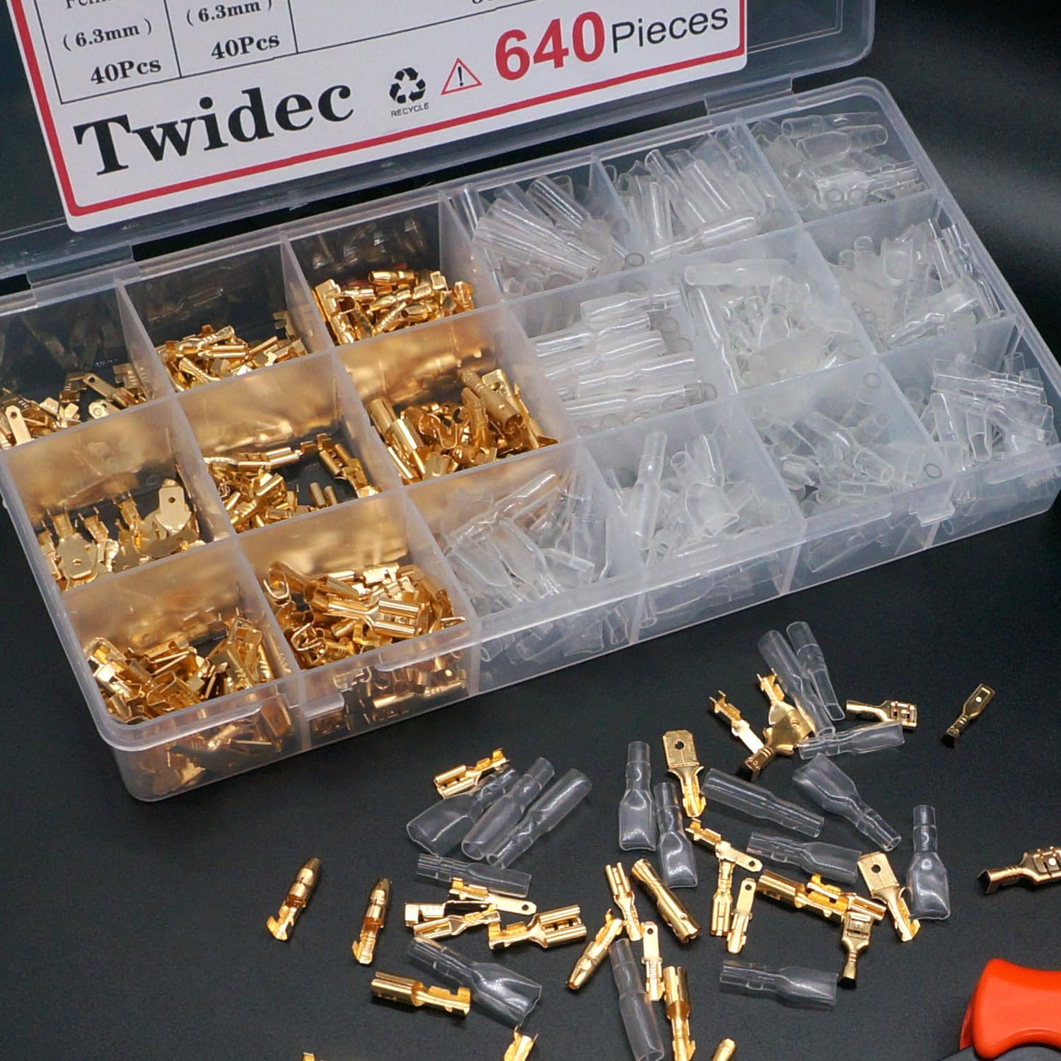 Twidec 640pcs 2.84.80.248 in empalme rápido macho y hembra conector de pala de alambre Kit dorado con terminal de alambre Alicates de prensado