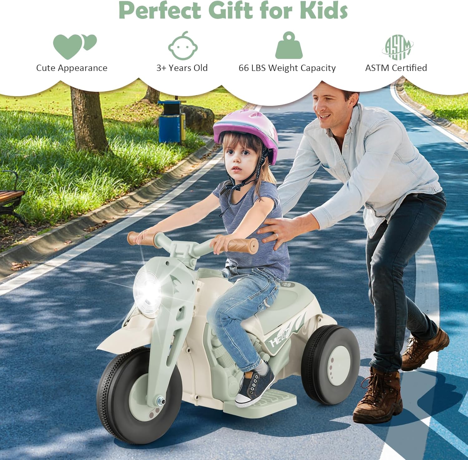HONEY JOY Motocicleta de paseo de 6 V con fabricante de burbujas, luz LED, música, pedal de pie, adelanteatrás, motocicleta eléctrica de 3 ruedas