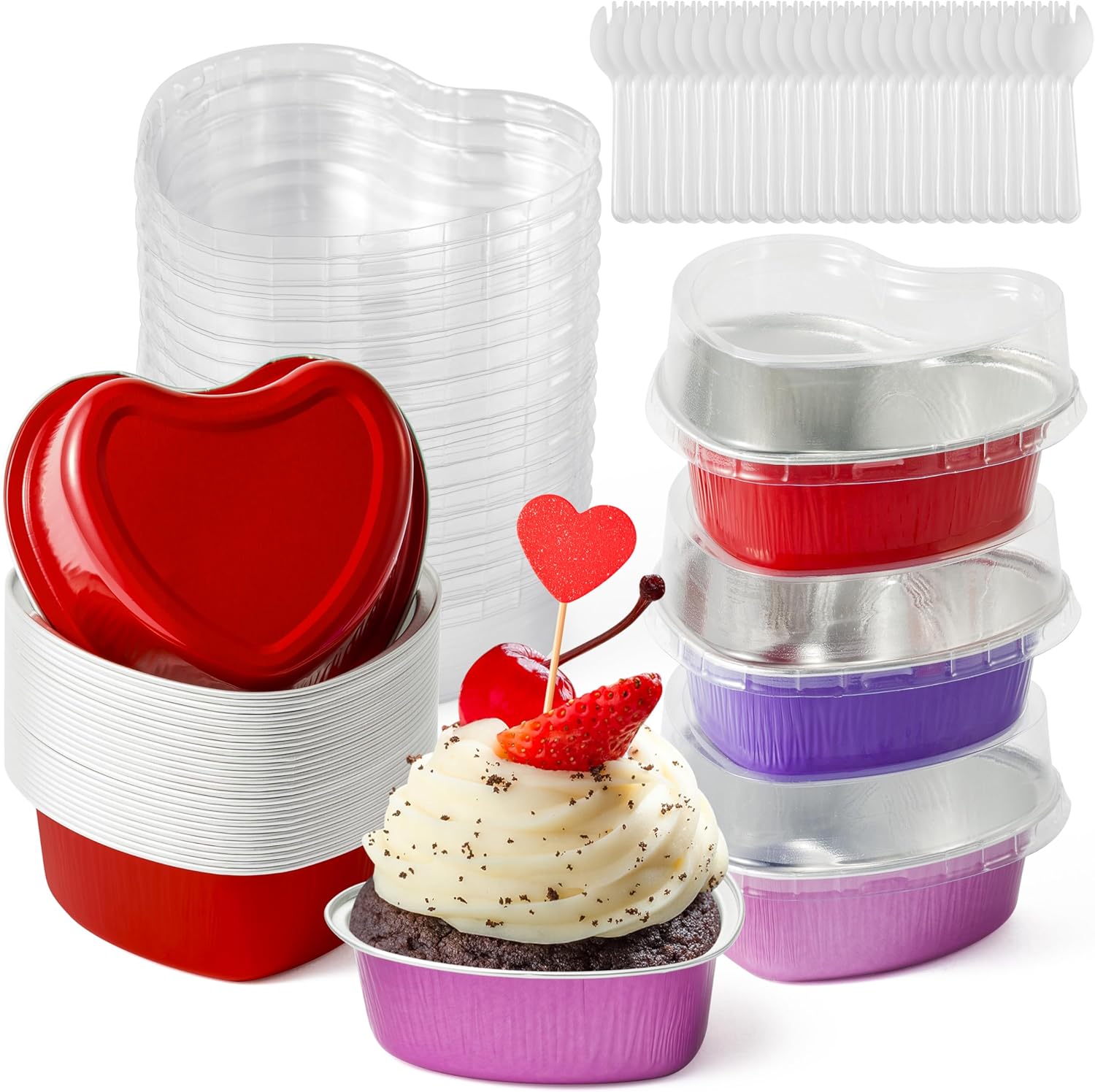 R HORSE 30 juegos de moldes para tartas en forma de corazón con tapa, recipiente multicolor para magdalenas, hojalata, papel de aluminio, taza para
