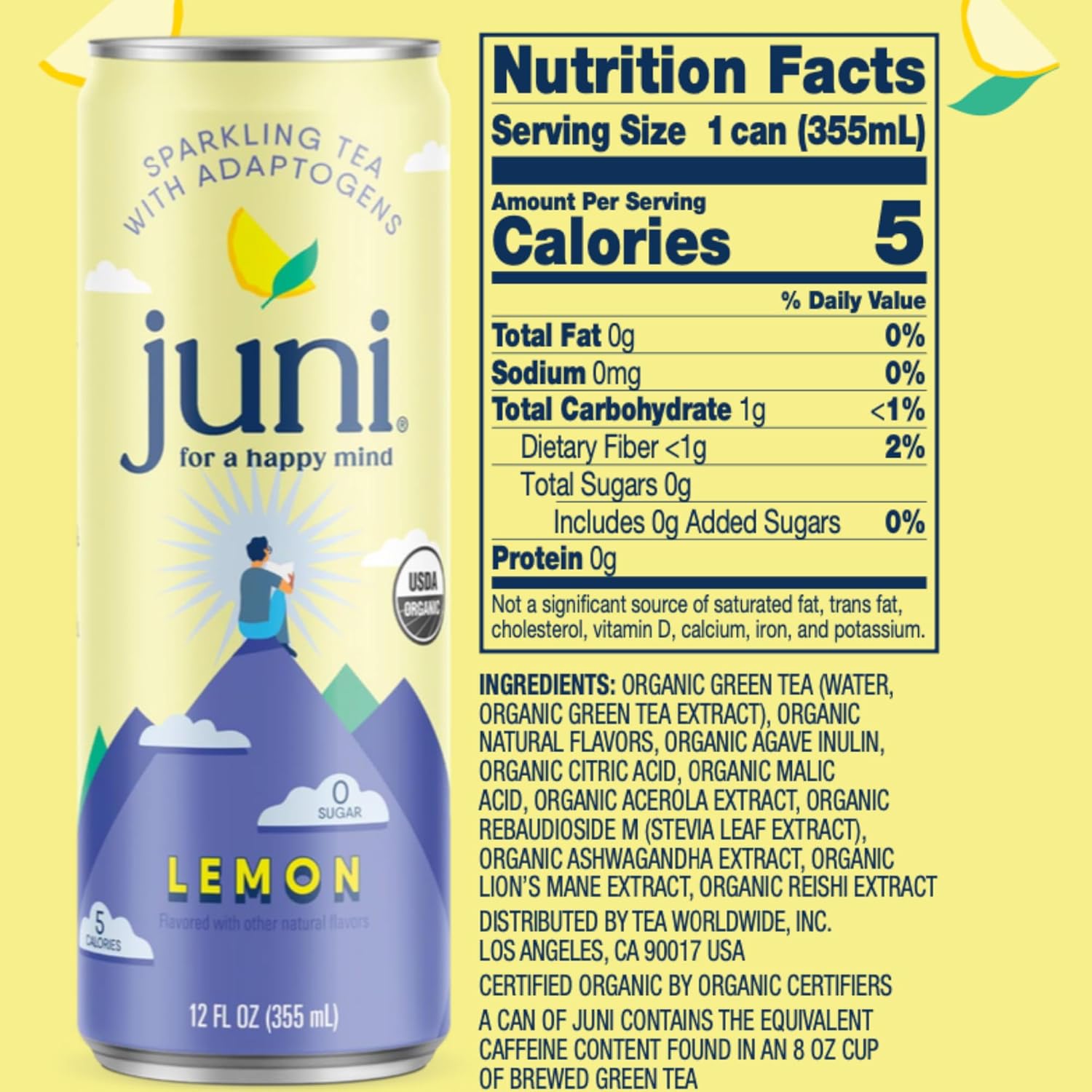 Juni Té espumoso  Cero azúcar, 5 calorías, 33 mg de cafeína natural del té verde  Fabricado con 5 supermezcla de adaptógenos y nootrópicos (paquete