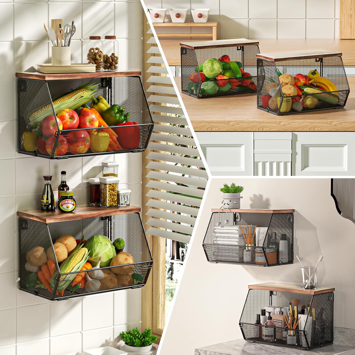 Cesta colgante de frutas con tapa de madera, paquete de 2 organizadores apilables para encimera de cocina, almacenamiento de cebollas y papas, cesta