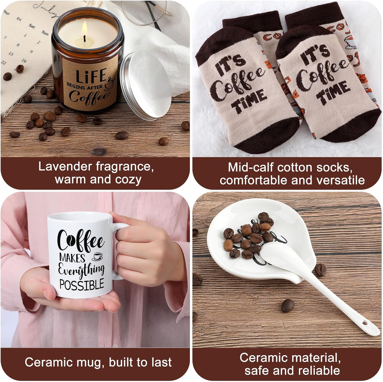Juego de regalo de 5 piezas para amantes del café, incluye taza de café y soporte para cuchara, velas temáticas de café, calcetines de café, caja de