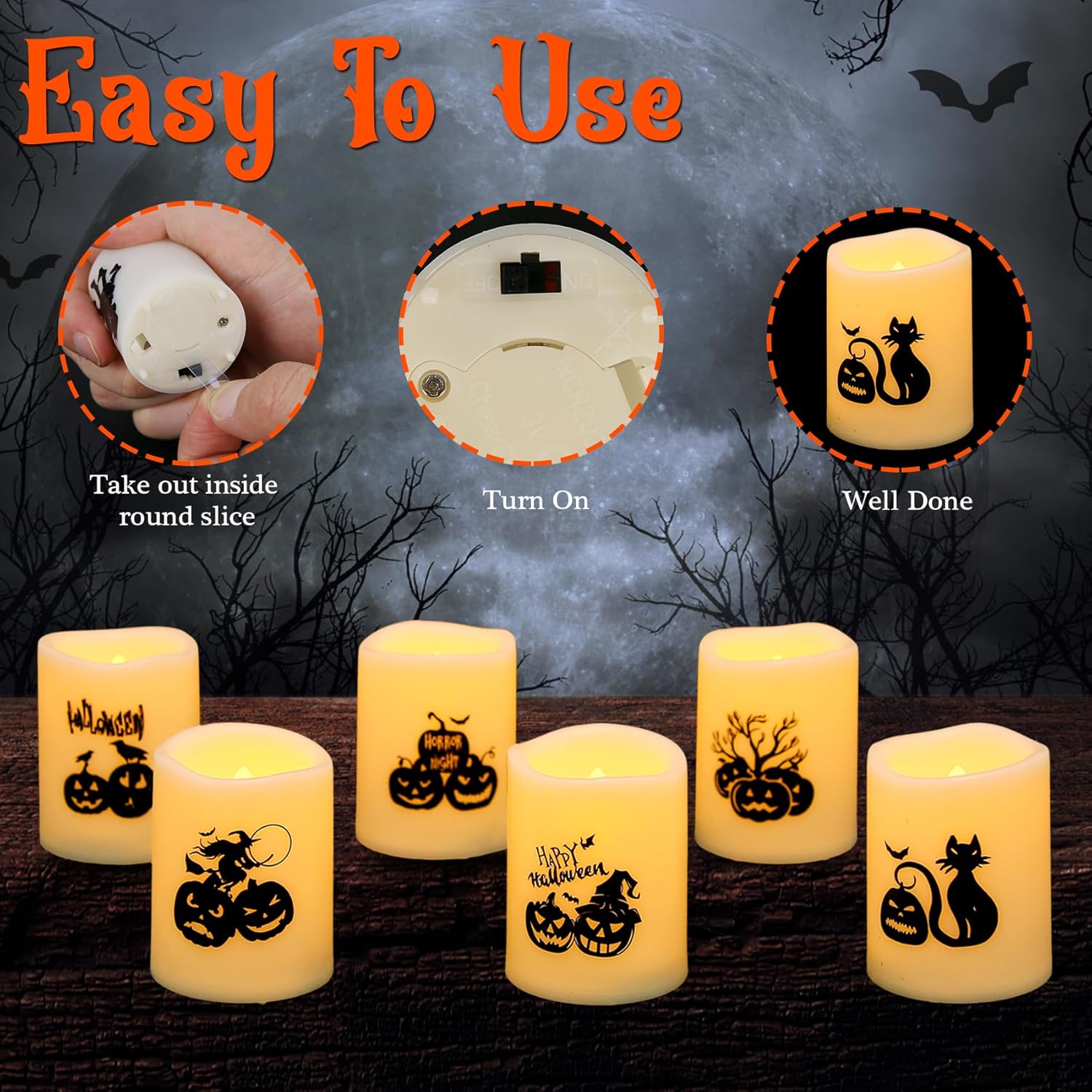 Velas votivas de Halloween sin falma, más de 200 horas, velas LED parpadeantes con calcomanías de calabazas para decoración del hogar de Halloween,