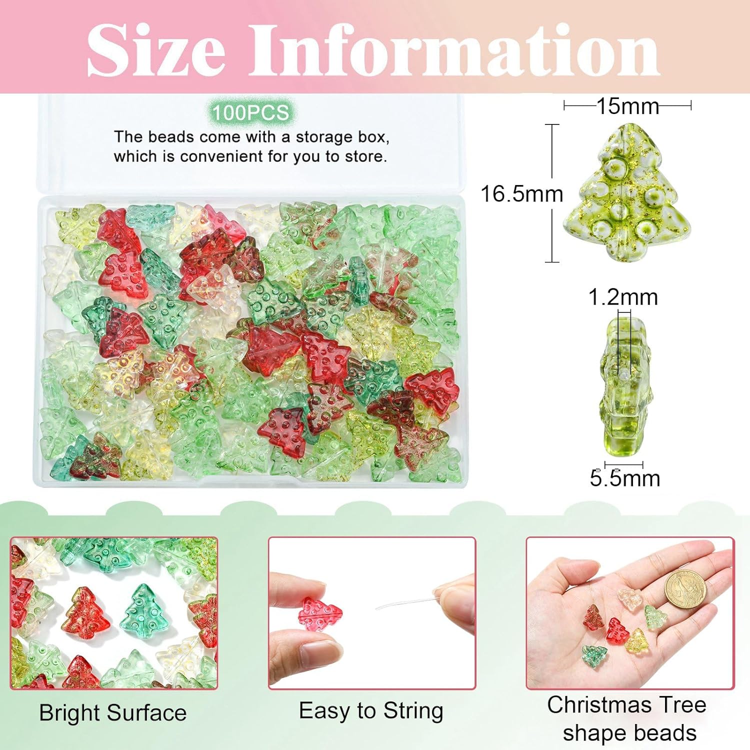 LiQunSweet 100 cuentas de cristal transparente con purpurina brillante para árbol de Navidad, cuentas espaciadoras sueltas para manualidades,