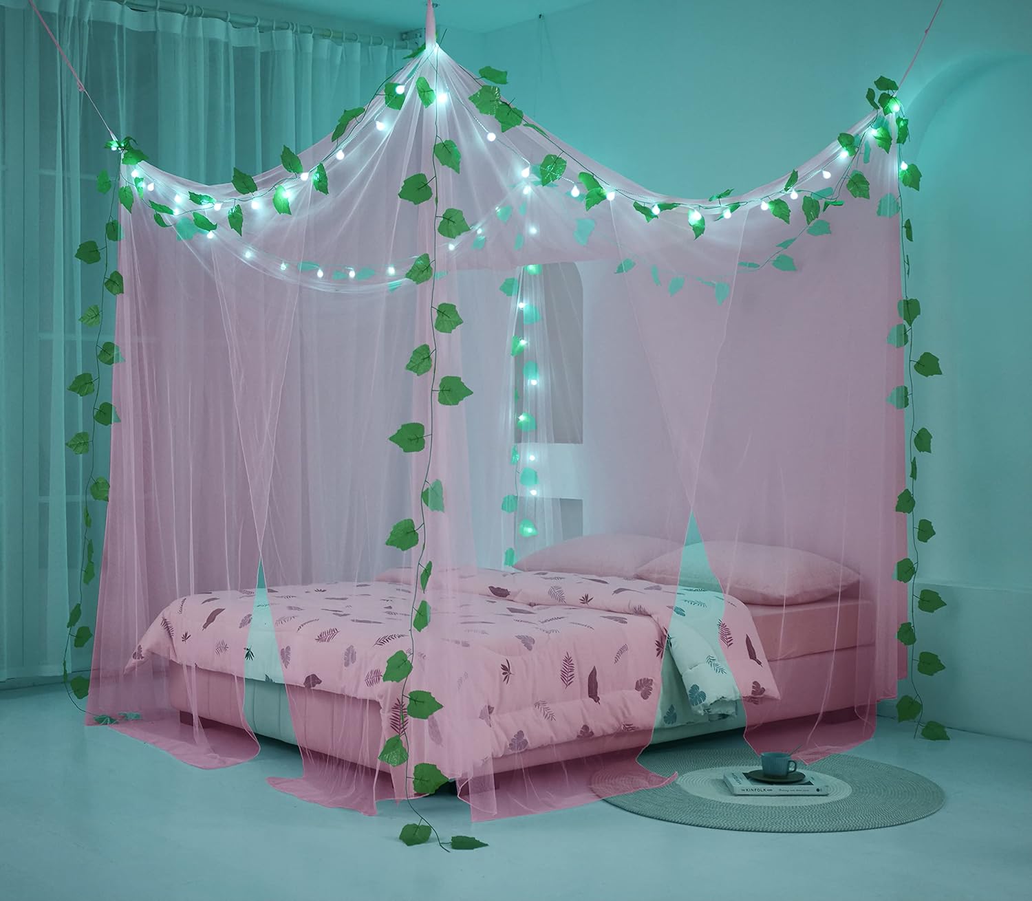 Akiky Cortinas de cama con dosel rosa princesa con luz LED de 16 colores, red de cama con domo para niñas y mujeres con decoración de hojas de vid