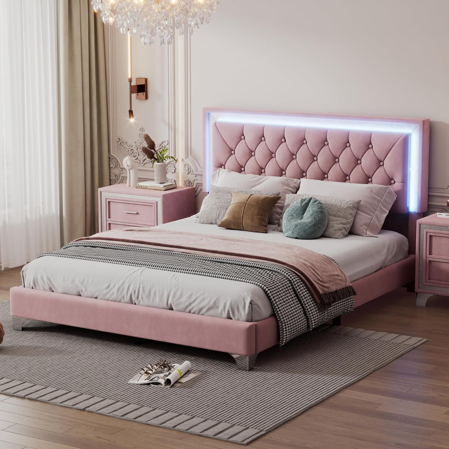 Base de cama tapizada tamaño Queen con luces LED, cama de plataforma de terciopelo moderna con cabecera capitonada de cristal, para niños,