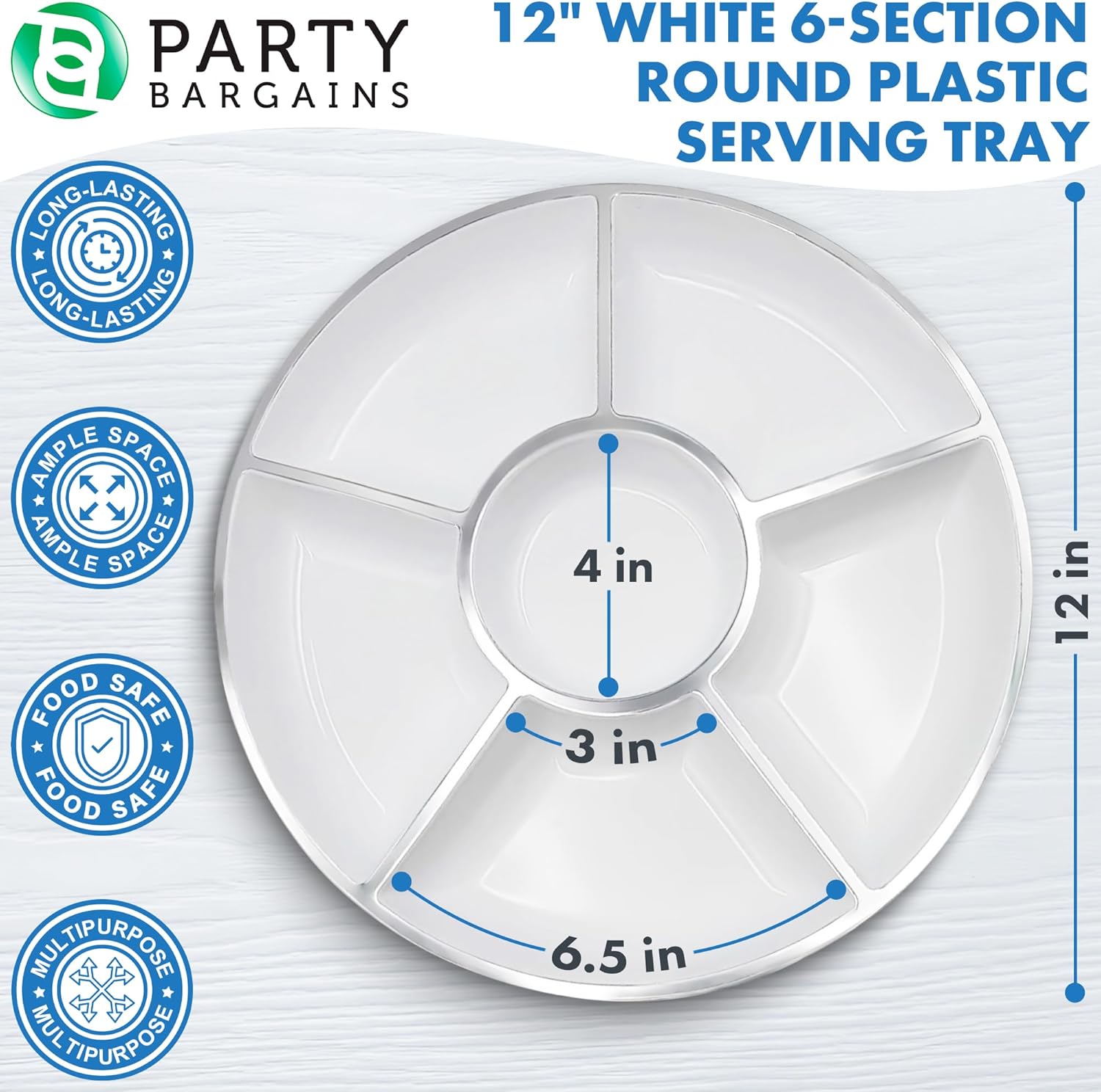 PARTY BARGAINS Bandeja redonda de plástico de 6 secciones, 12 pulgadas, color blanco con borde plateado, paquete de 1, platos reutilizables para