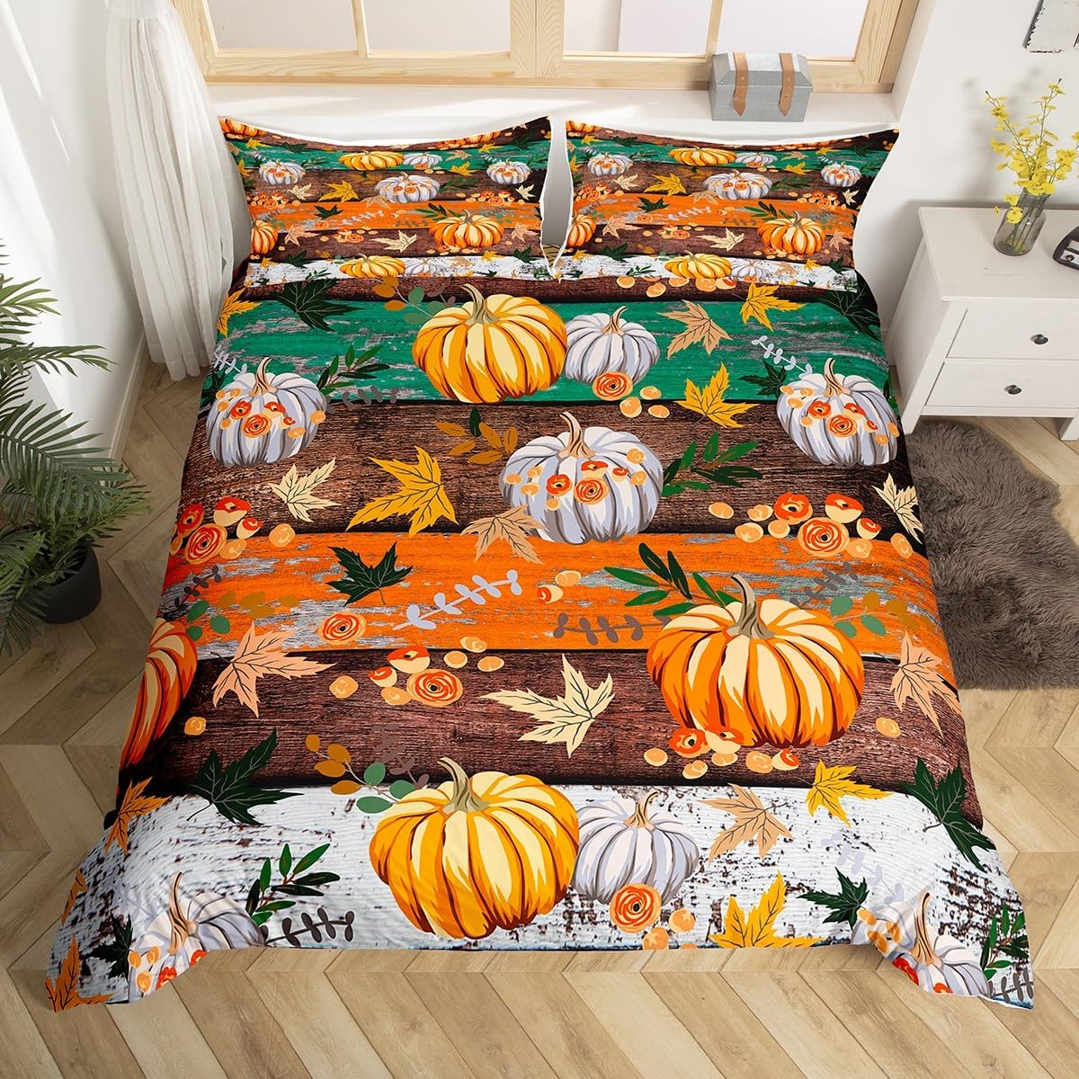 Juego de funda de edredón para niños con diseño de calabaza otoñal, tamaño King, juego de ropa de cama rústica con tablones de madera, decoración de