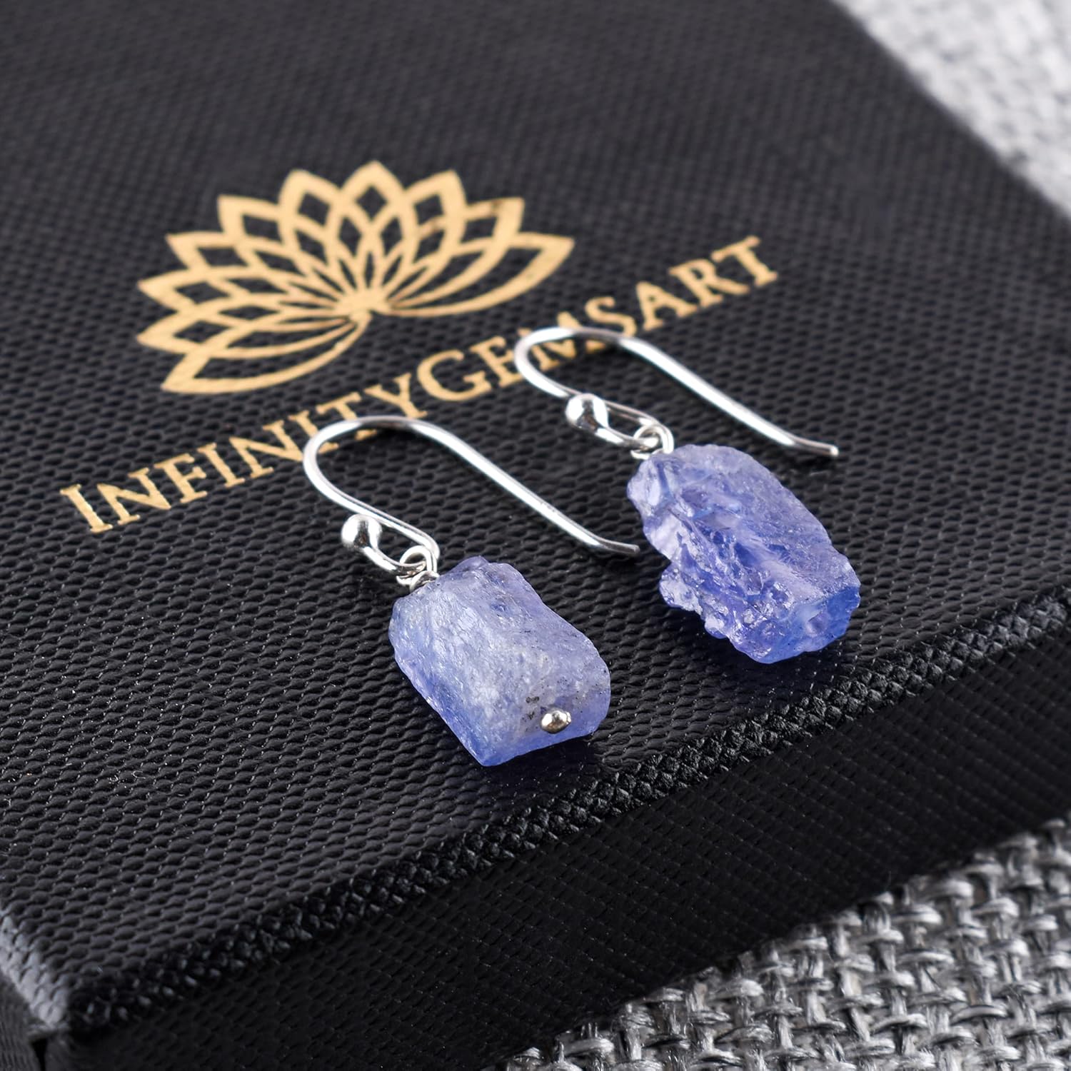 InfinityGemsArt Purple Tanzanite Gemstone Earrings Pair, Natural Raw Crystal, Dangle & Drop, Birthstone, Energy Healing Crystals Jewelry in Rhodium