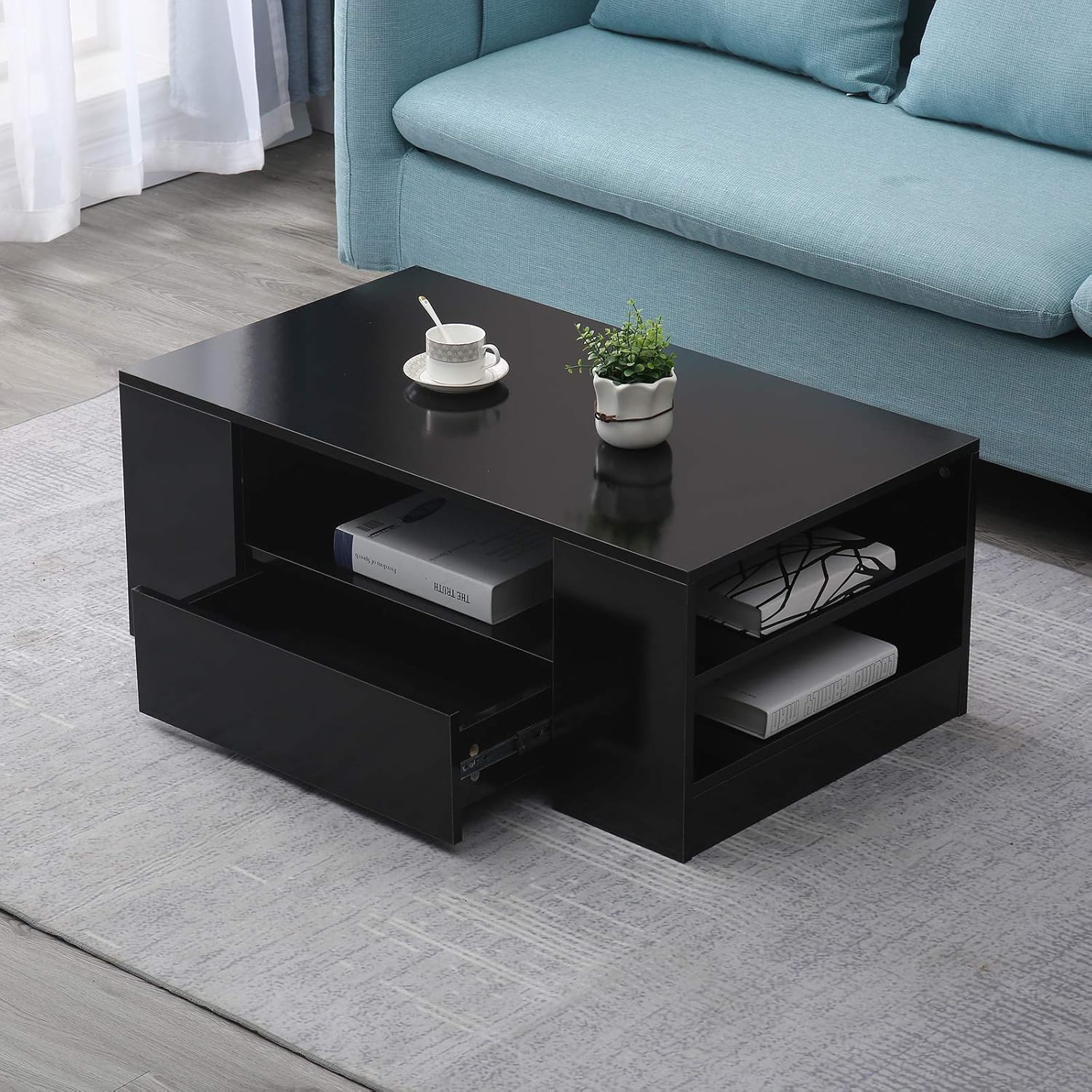 Fichiouy Moderna mesa auxiliar de 37 pulgadas con cajón, mesa rectangular con luz LED para sala de estar, blanconegro (mesa auxiliar negra de alto