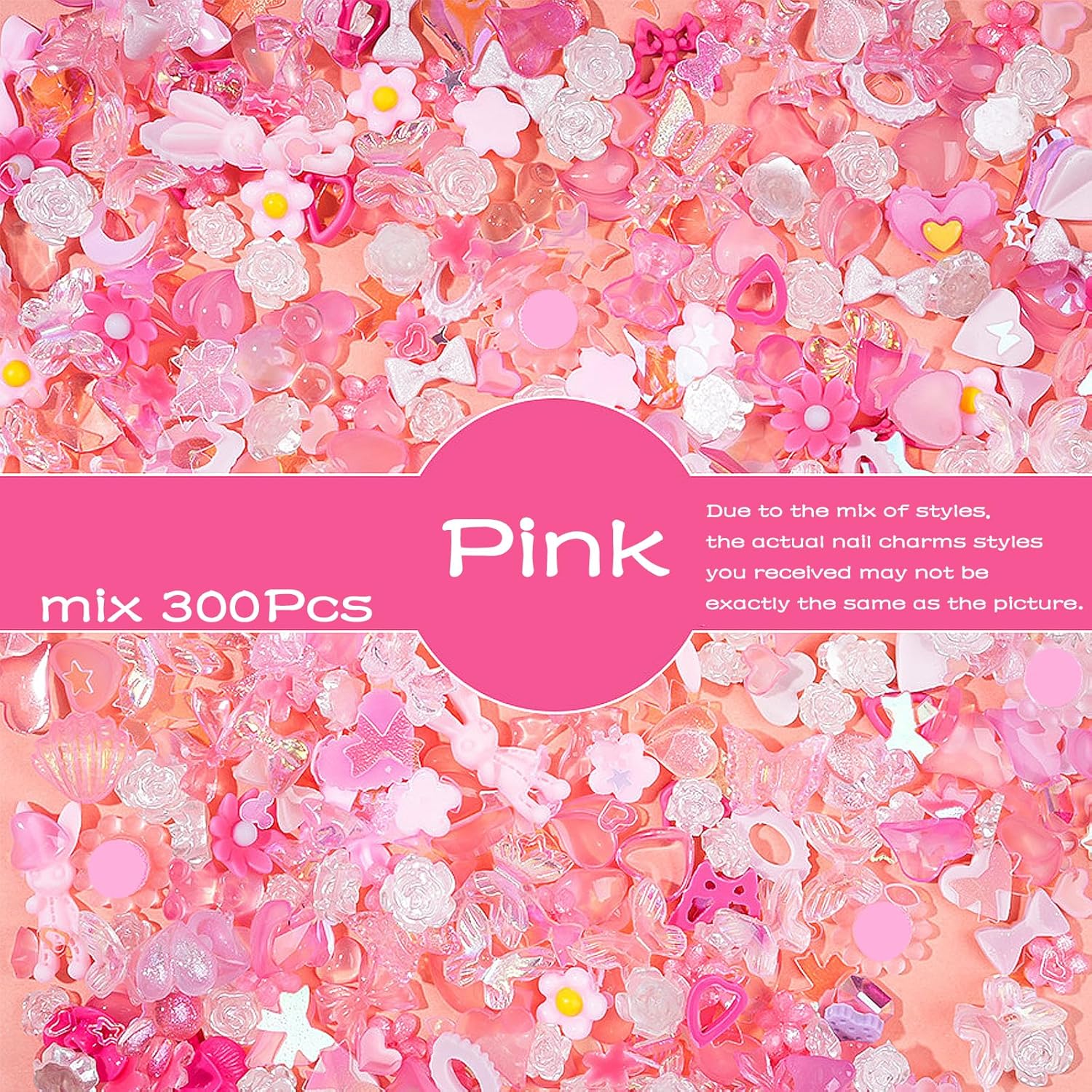 300 piezas surtidas de acrílico multiformas, corazón rosa, flor, mariposa, lazo, 3D, dijes de uñas huecas, perlas huecas, dijes de uñas para
