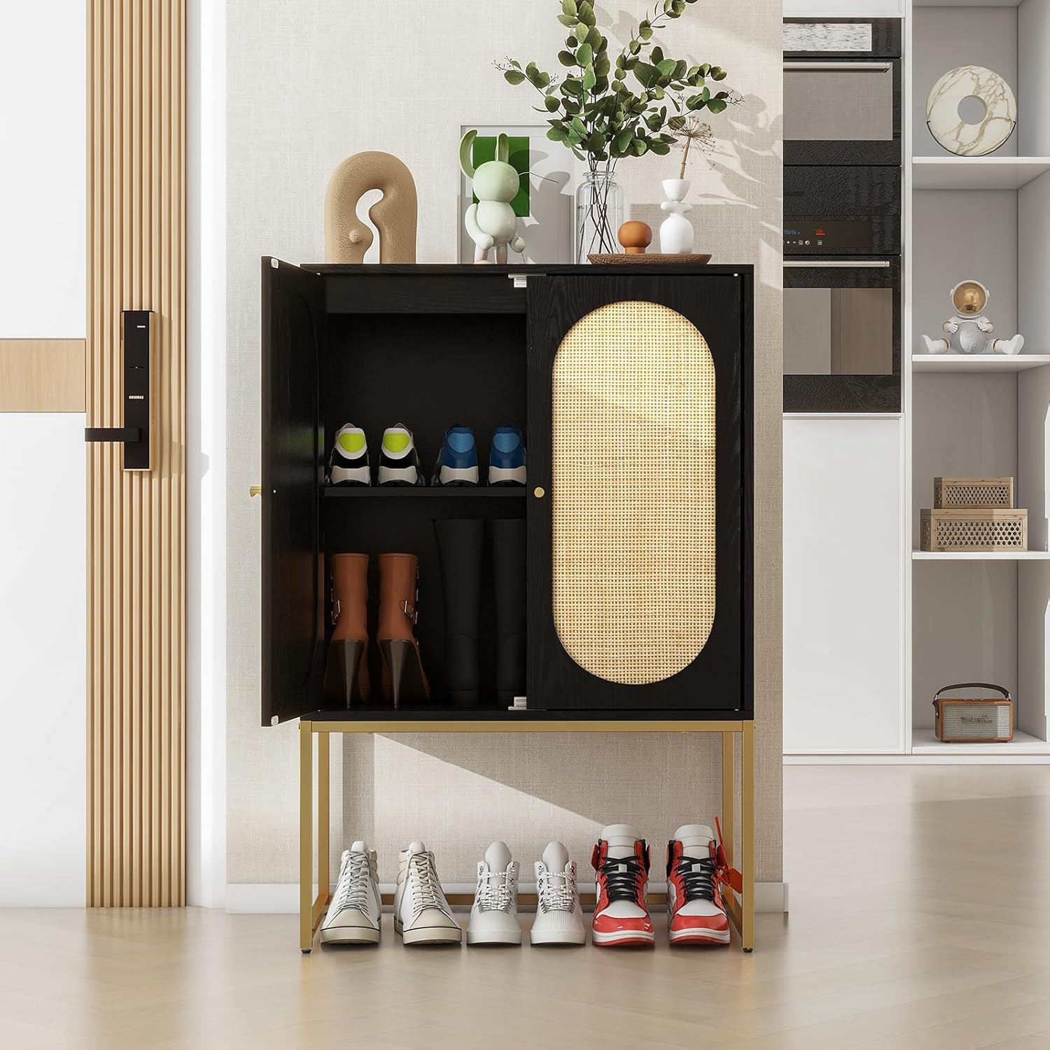 mixtavie Armario alto de ratán natural de 2 puertas, aparador de buffet con 1 estantes ajustables, armario de madera independiente para sala de