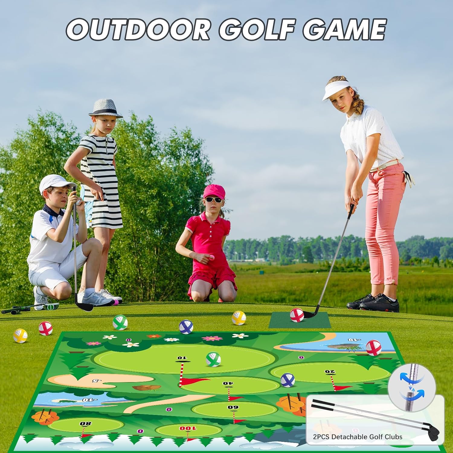VATOS Alfombrilla de golf con 2 palos, 70 x 70 pulgadas, tapete de entrenamiento de golf para interiores y exteriores, para niños, adultos, familia,