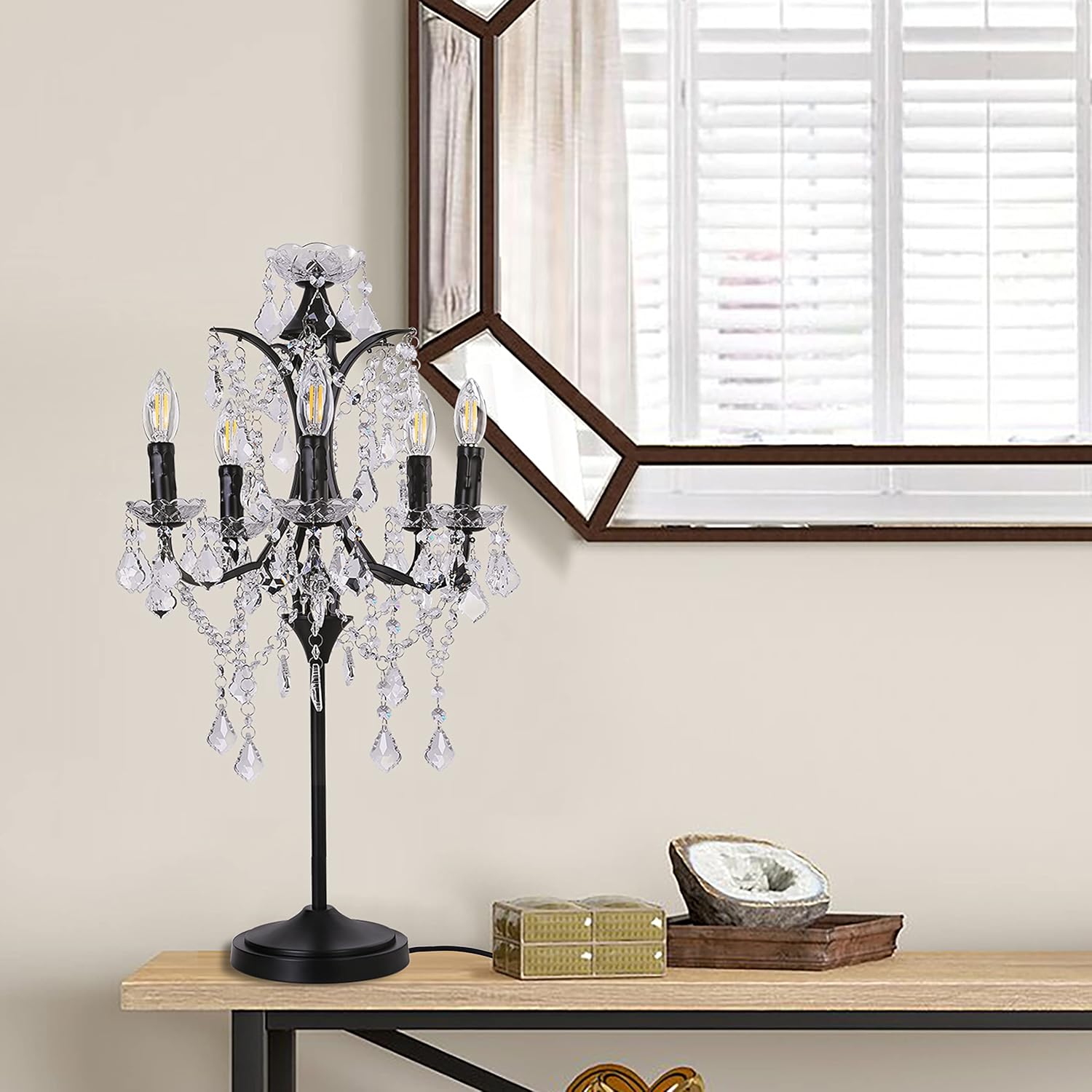 TOCHIC Lámpara de mesa de cristal tradicional de 5 luces, candelabro negro para manualidades, 30 pulgadas de alto para sala de estar, sala de