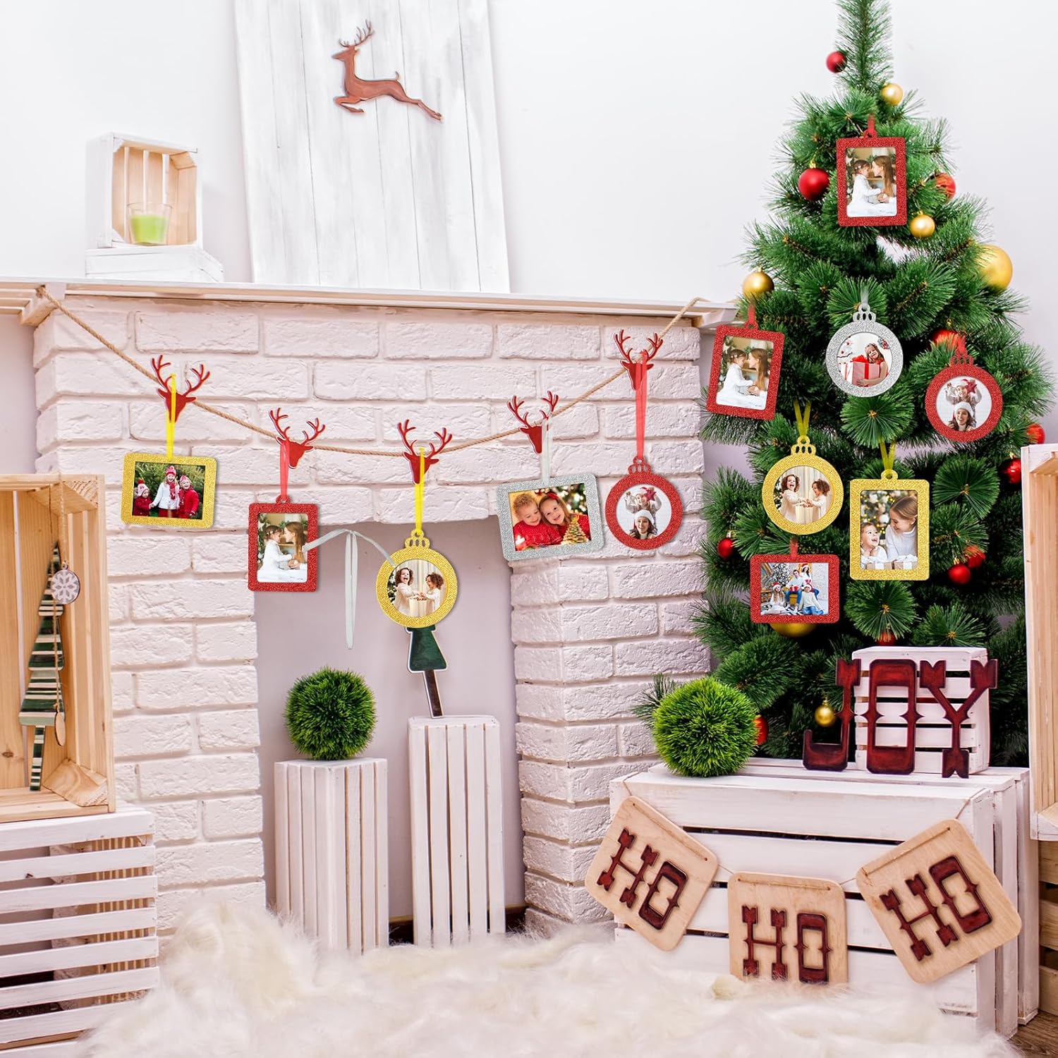 Queekay 48 adornos navideños para colgar fotos, marco de fotos para árbol, marco de fotos pequeño con purpurina para bricolaje, manualidades,