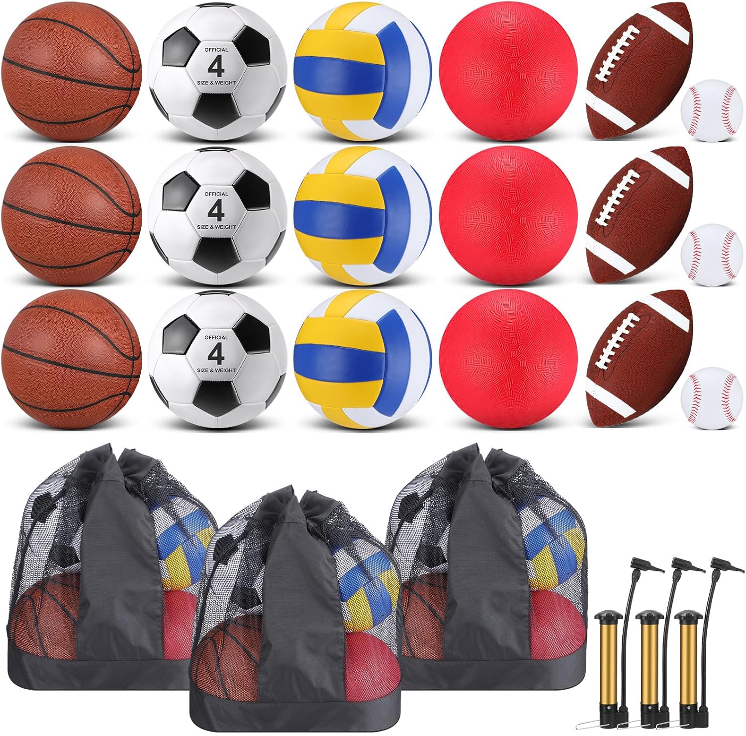 Juego de 18 pelotas deportivas para niños y adolescentes, tamaño oficial, baloncesto, fútbol, voleibol, fútbol, parque infantil, béisbol, equipo