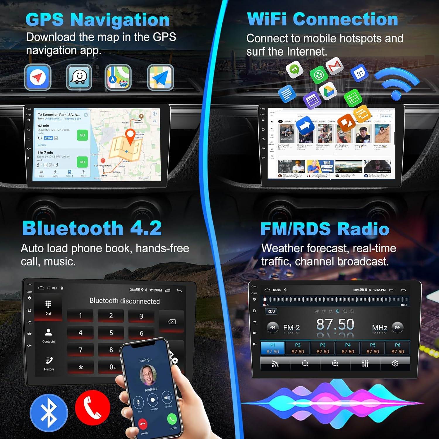 Podofo 2G+64G Doble DIN Android 13 Estéreo de coche inalámbrico Carplay Android Auto 9 “IPS Pantalla táctil Radio de audio para coche con control de
