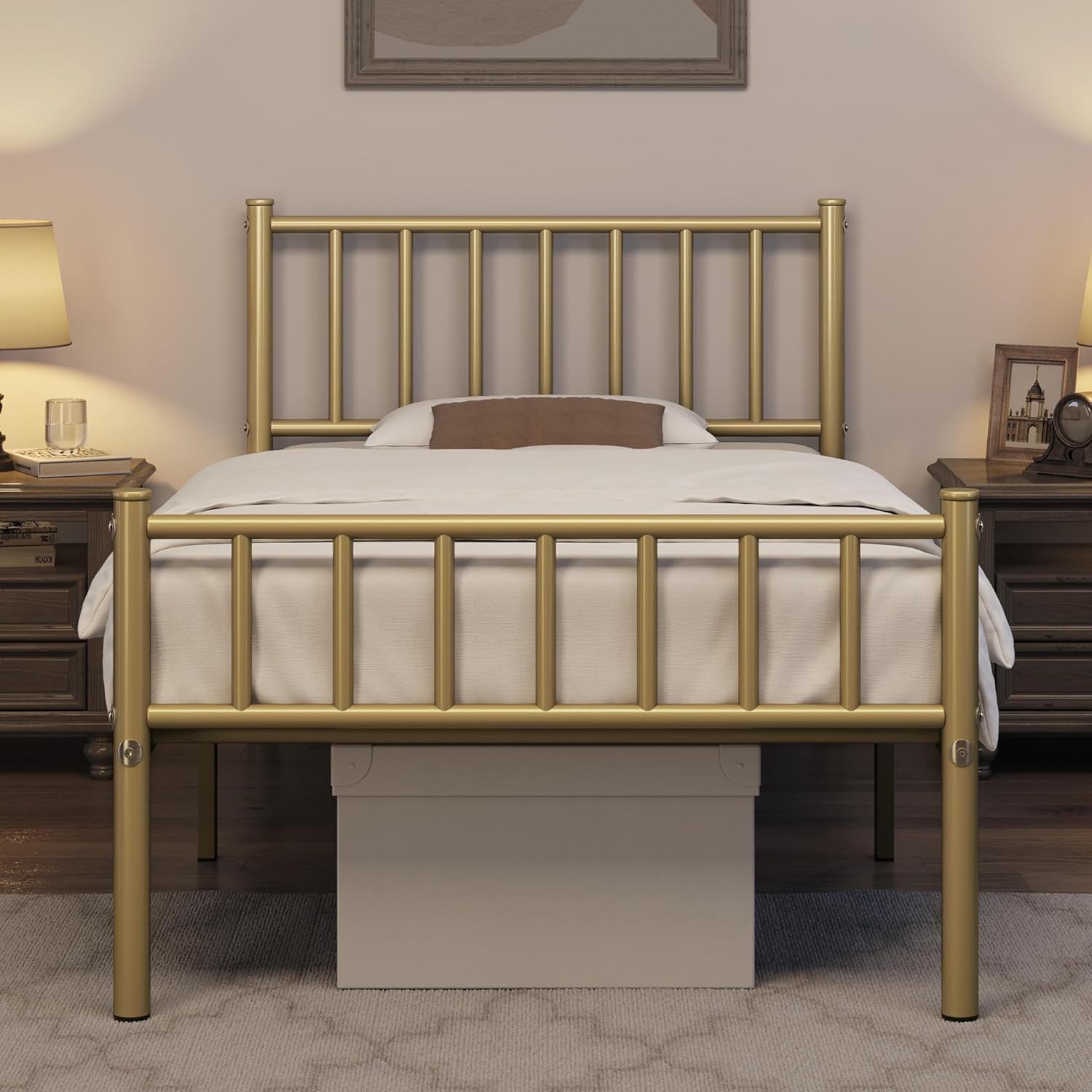 Yaheetech Base de cama tamaño individual con plataforma de metal, base de colchón con cabecero y estribo, no necesita somier, almacenamiento debajo