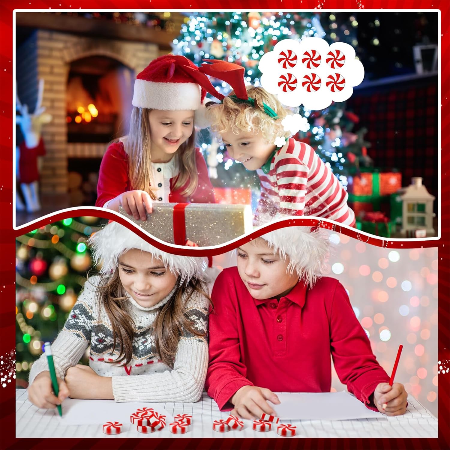 100 gomas de borrar de caramelo de Navidad grandes para niños de la escuela, borradores en forma de caramelo blanco y rojo, a granel para premios de