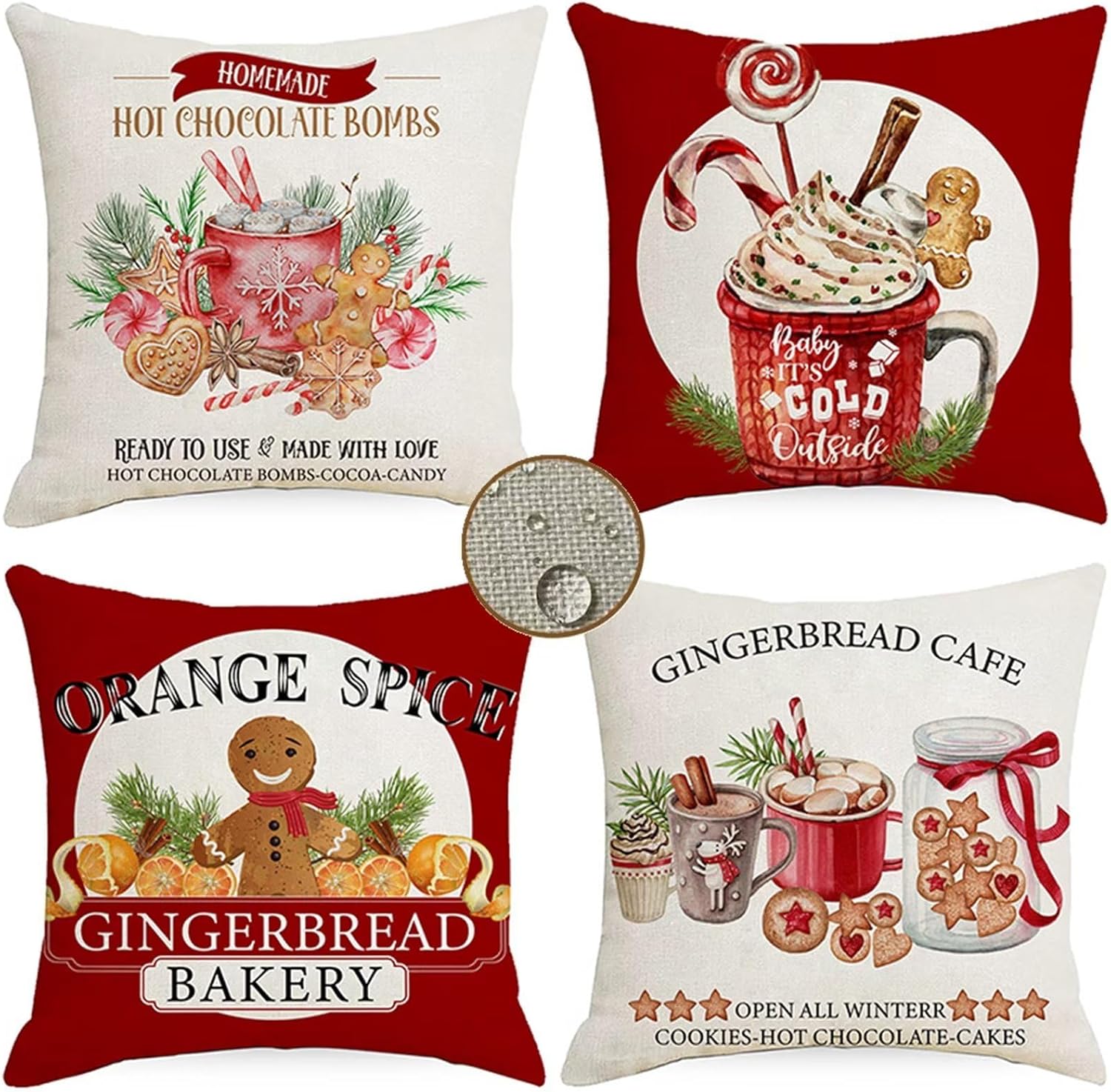 Juego de 4 fundas de almohada para exteriores, impermeables, color rojo, de 14 x 14 pulgadas, decoración de granja, fundas decorativas de lino,
