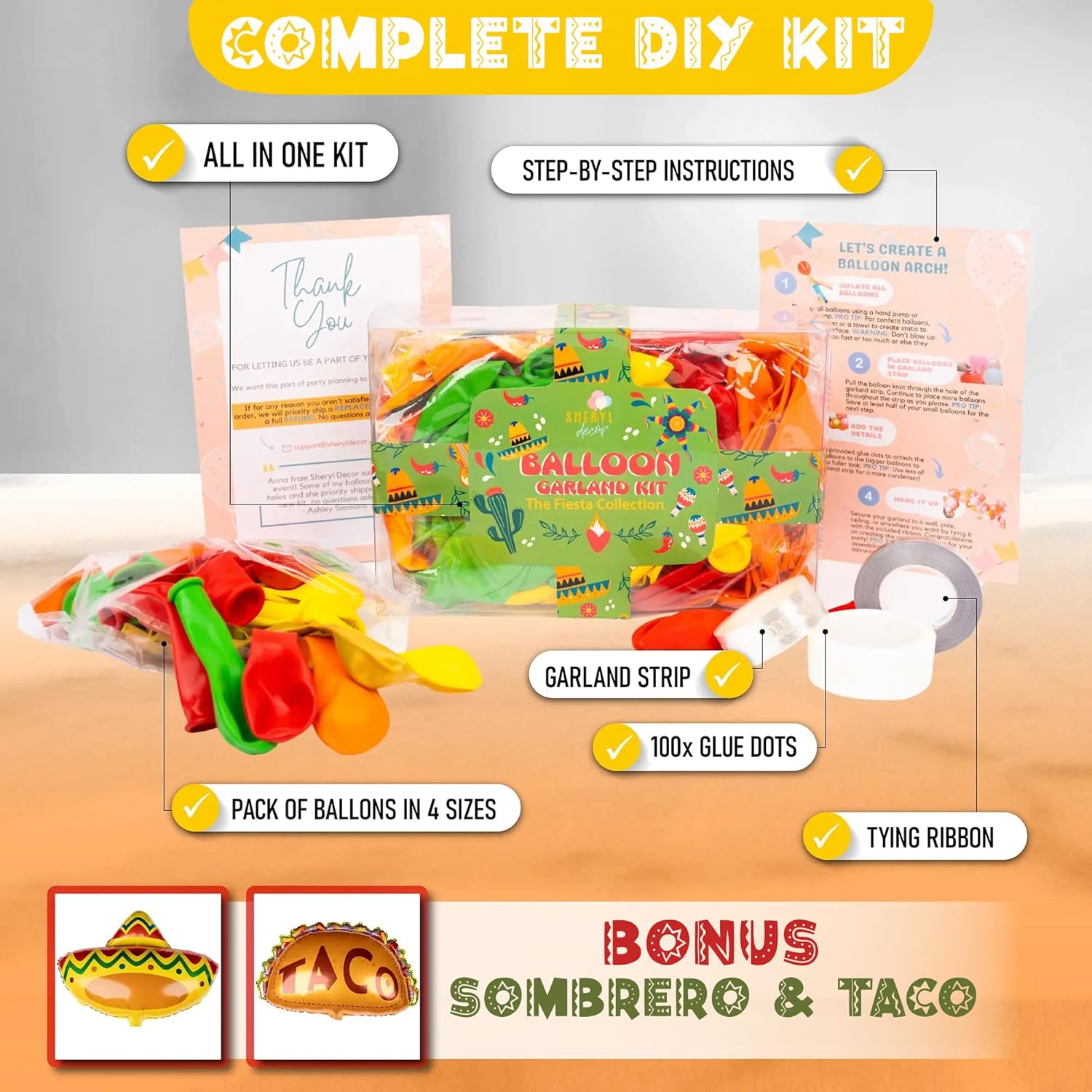 Kit de arco de globos de fiesta mexicana todo en 1 y guirnalda con tacos adicionales, globos de fiesta pequeños y grandes, rojo, amarillo, naranja,