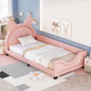 Merax Sofá cama tapizado de tamaño individual con cabecero de orejas de conejo, marco de cama de plataforma para niños, dormitorio infantil, no Merax Sofá cama tapizado de tamaño individual con cabecero de orejas de conejo, marco de cama de plataforma para niños, dormitorio infantil, no