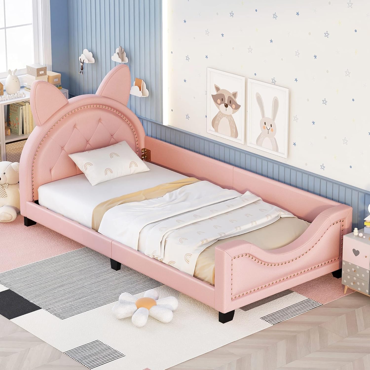 Merax Sofá cama tapizado de tamaño individual con cabecero de orejas de conejo, marco de cama de plataforma para niños, dormitorio infantil, no