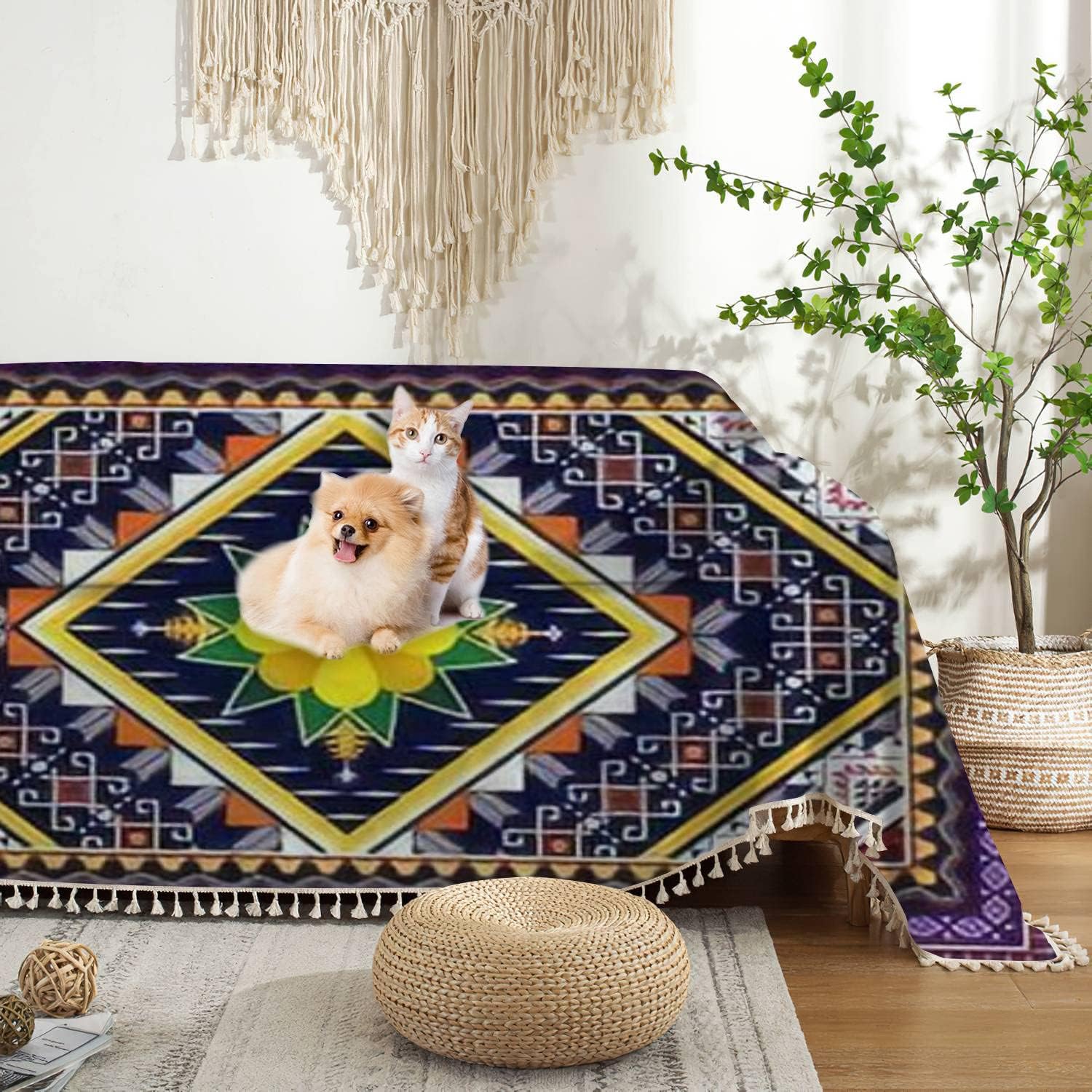 Funda bohemia para sofá, diseño étnico geométrico abstracto, tribal, nativo, étnico, tradicional, con borlas, lavable, para sofá o cama, protector