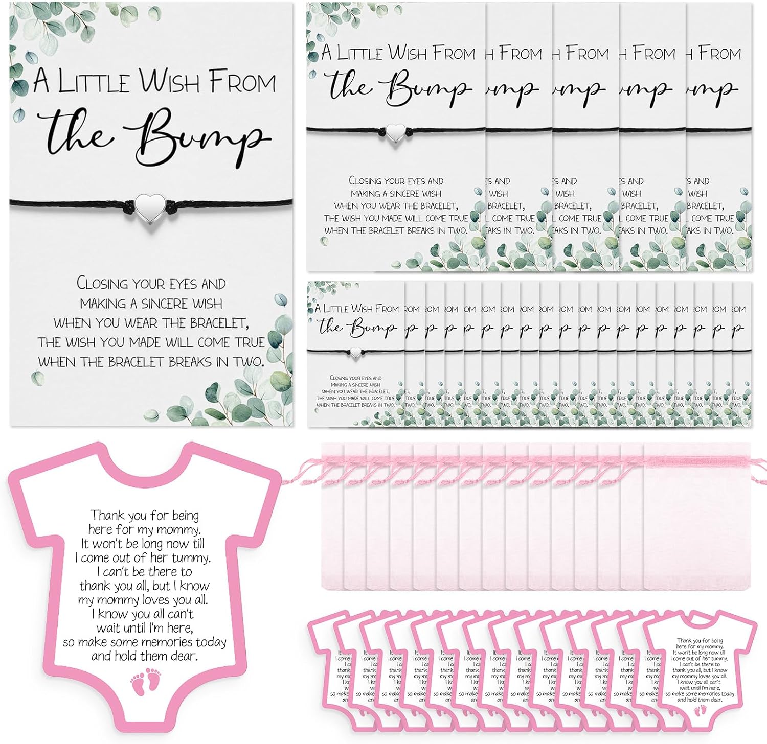 25 juegos de regalos de fiesta de baby shower para invitados, 25 pulseras de baby shower, pulseras de deseos con dije de corazón, 25 tarjetas de