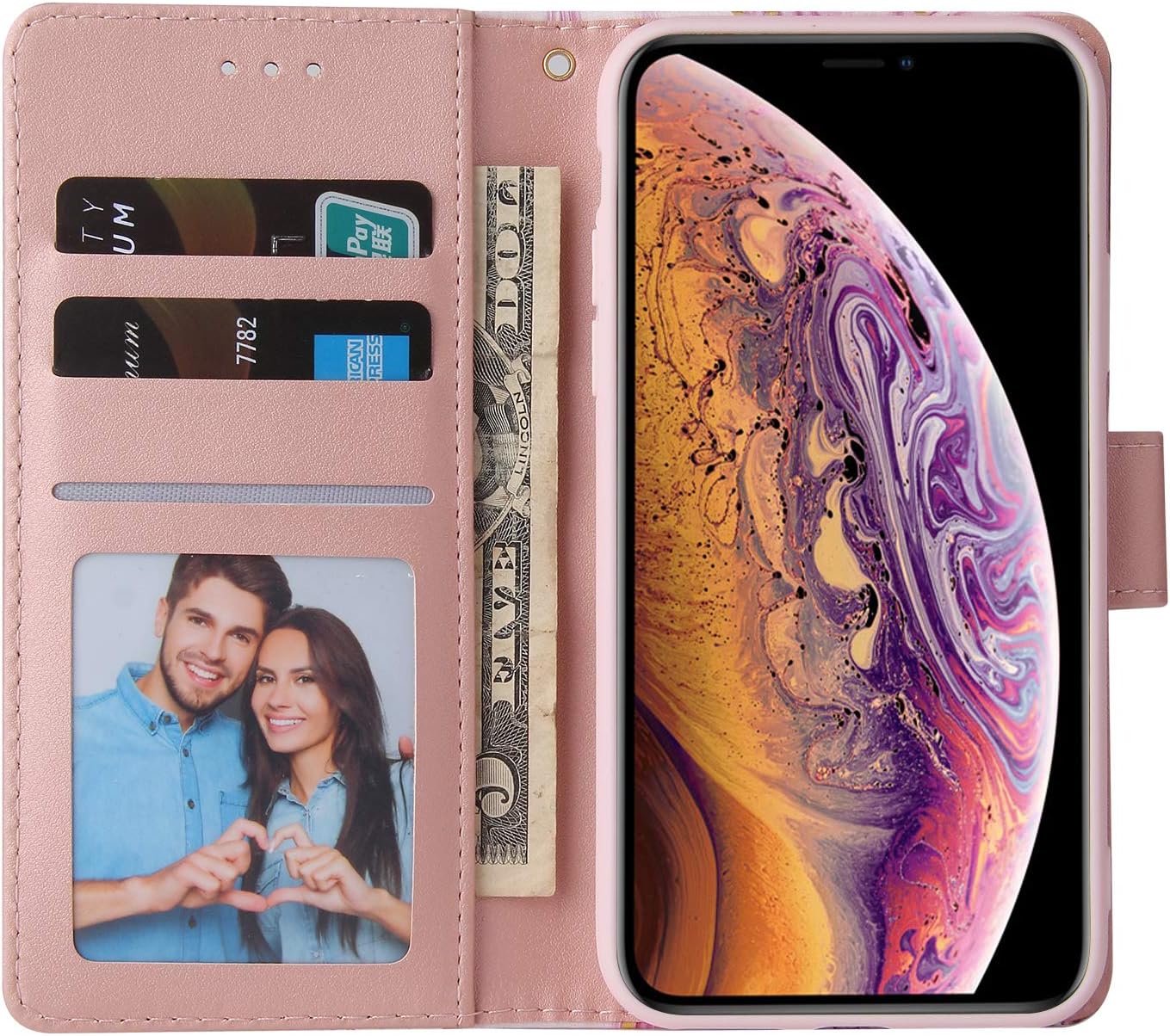Asuwish Compatible con iPhone Xs X 10 10s Funda tipo cartera y protector de pantalla de vidrio templado, funda de cuero con tapa para iPhone X