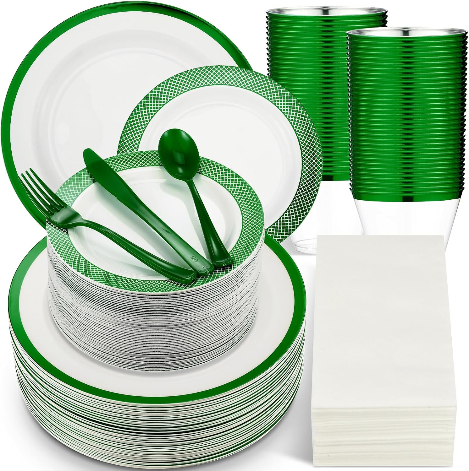 Yaomiao Juego de 350 platos desechables de Navidad con adornos para fiestas de Navidad, vajilla de plástico 90Z, cuchillos, tenedor, cuchara,