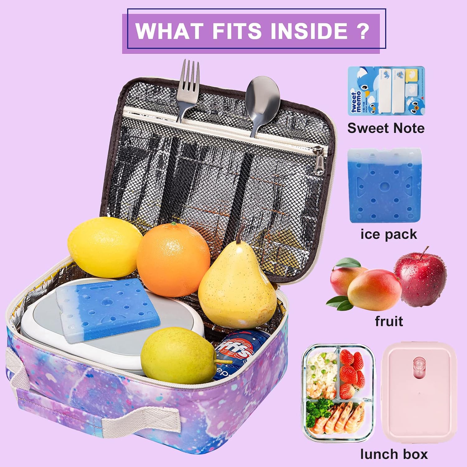 Lonchera para niños y niñas, bolsa con aislamiento para el almuerzo, kit de bolsas de almuerzo reutilizables para la escuela y los viajes (color