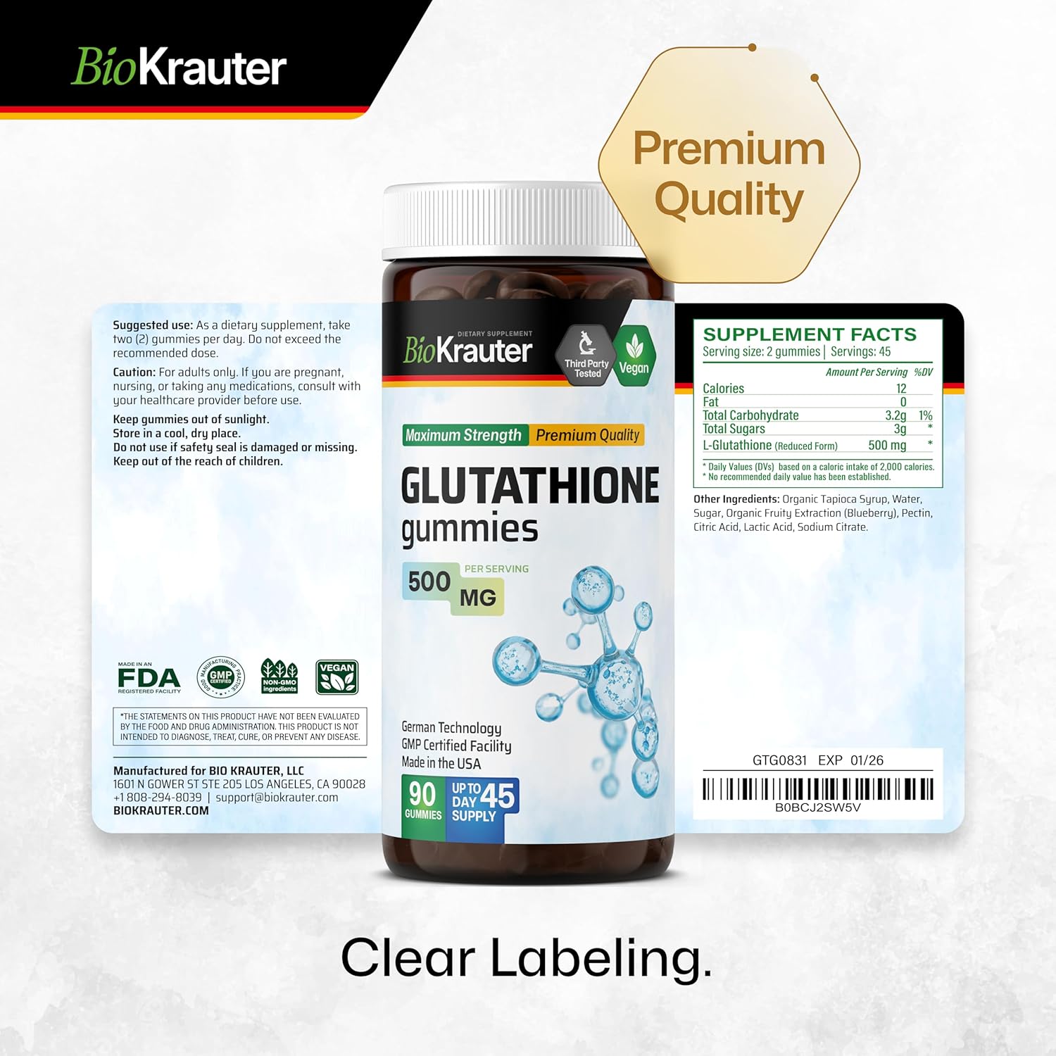 BIO KRAUTER Gomitas de L-glutatión  500 mg  Suplemento orgánico de glutatión reducido para desintoxicación hepática, inmune y apoyo de la piel