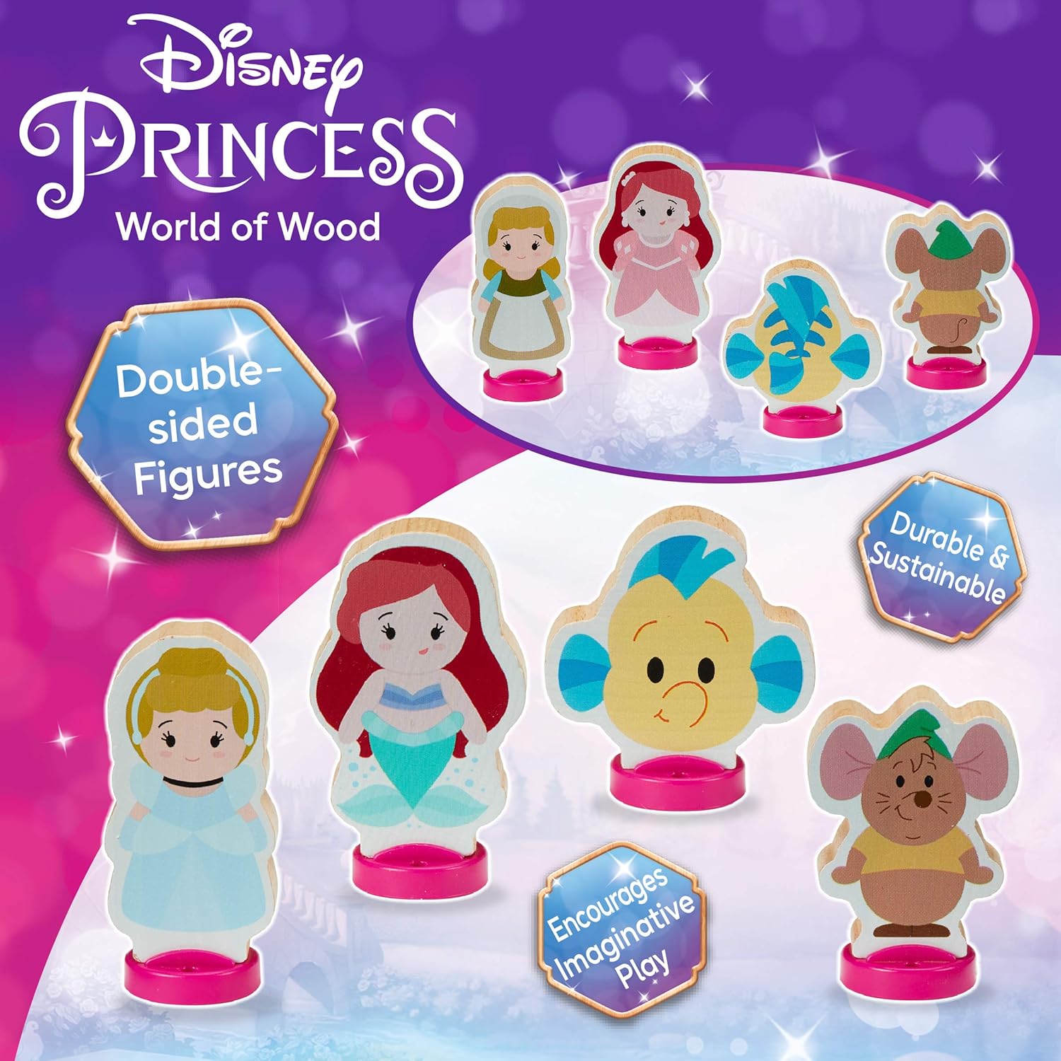 Disney Princess Juego de 4 figuras de princesa de madera, hermoso juguete de madera preescolar, juego imaginativo, certificado FSC sostenible,